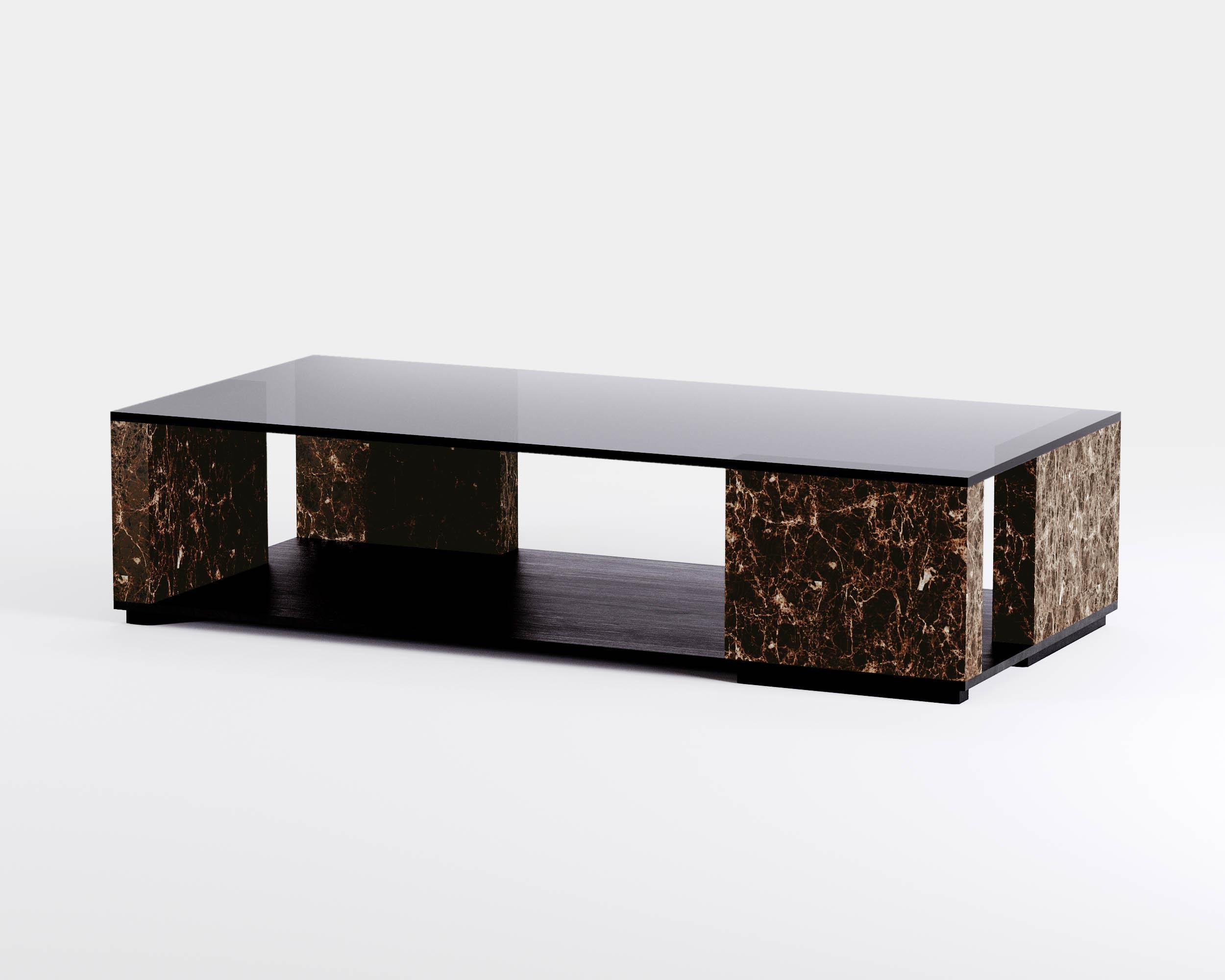 Metal Contemporary Coffee Table 'Quattropietre', Emperador Marble, Rectangular For Sale