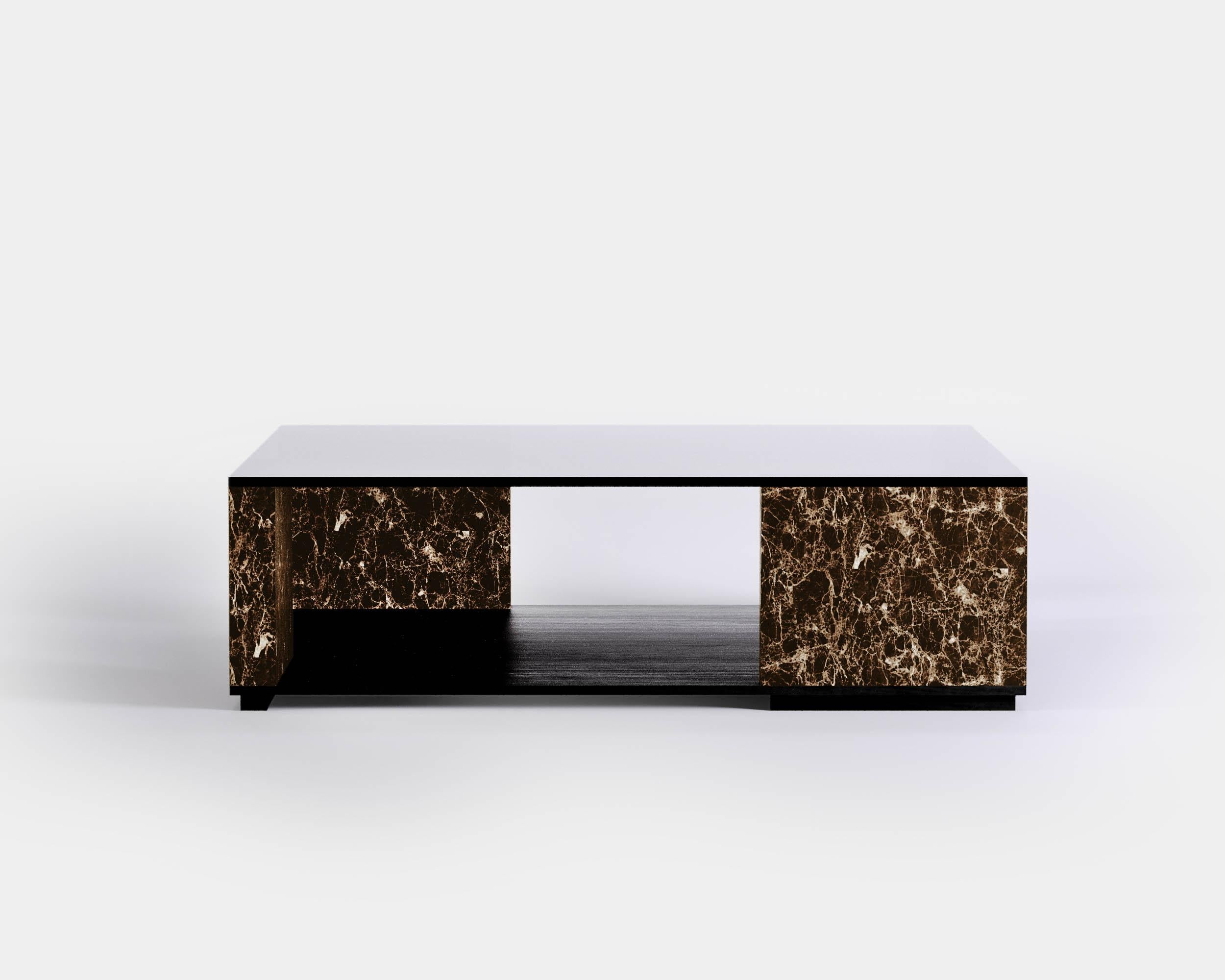 Quattropietre Coffee Table by Amura Lab 

Toptable : Smoked Mirror
Marble legs : Emperador 

Dimensions : H. 35,5 x 120 x 120

A coffee table that embodies the application of an architectonic stereotype to a furniture piece. Quattropietre represents