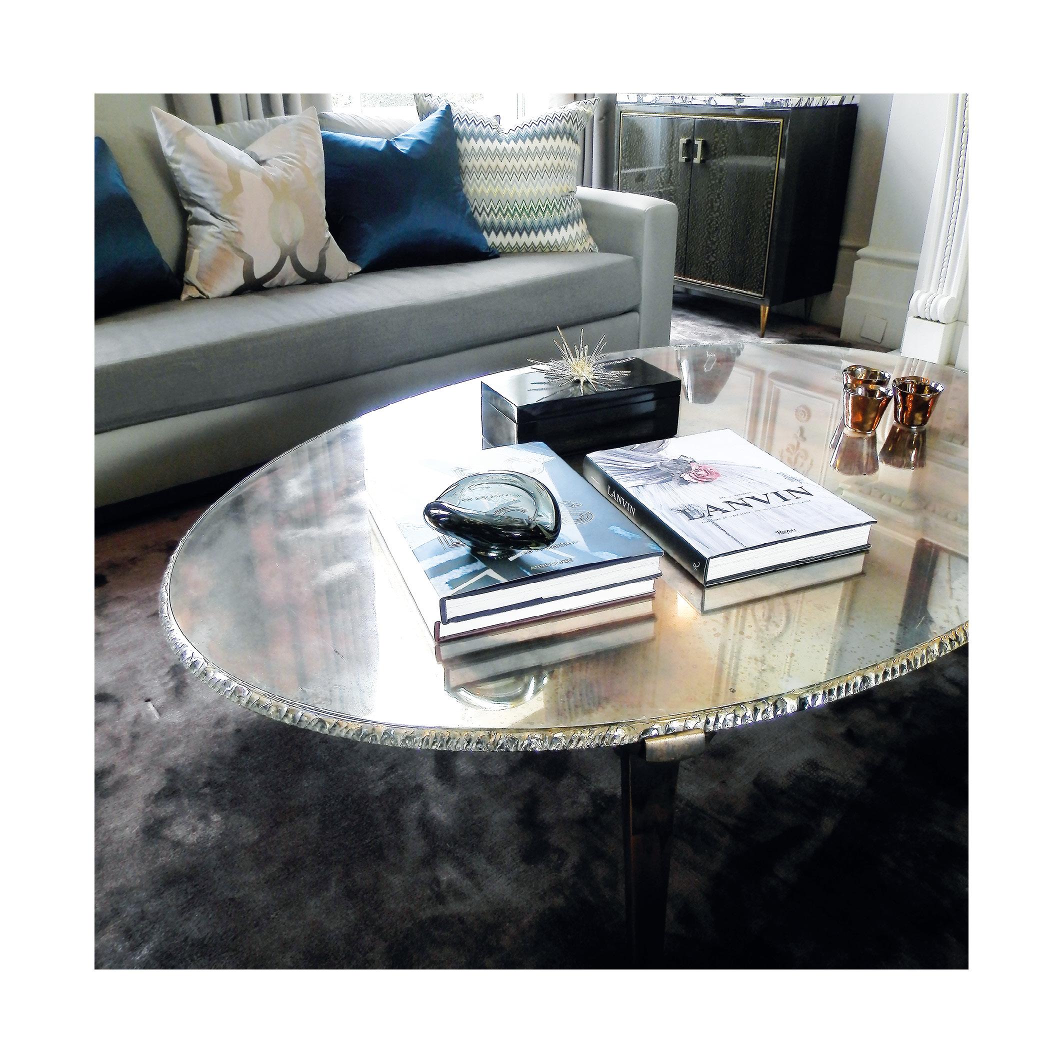 Contemporary Coffee Table Silvered Art Glass Surface and rose glass Legs 9