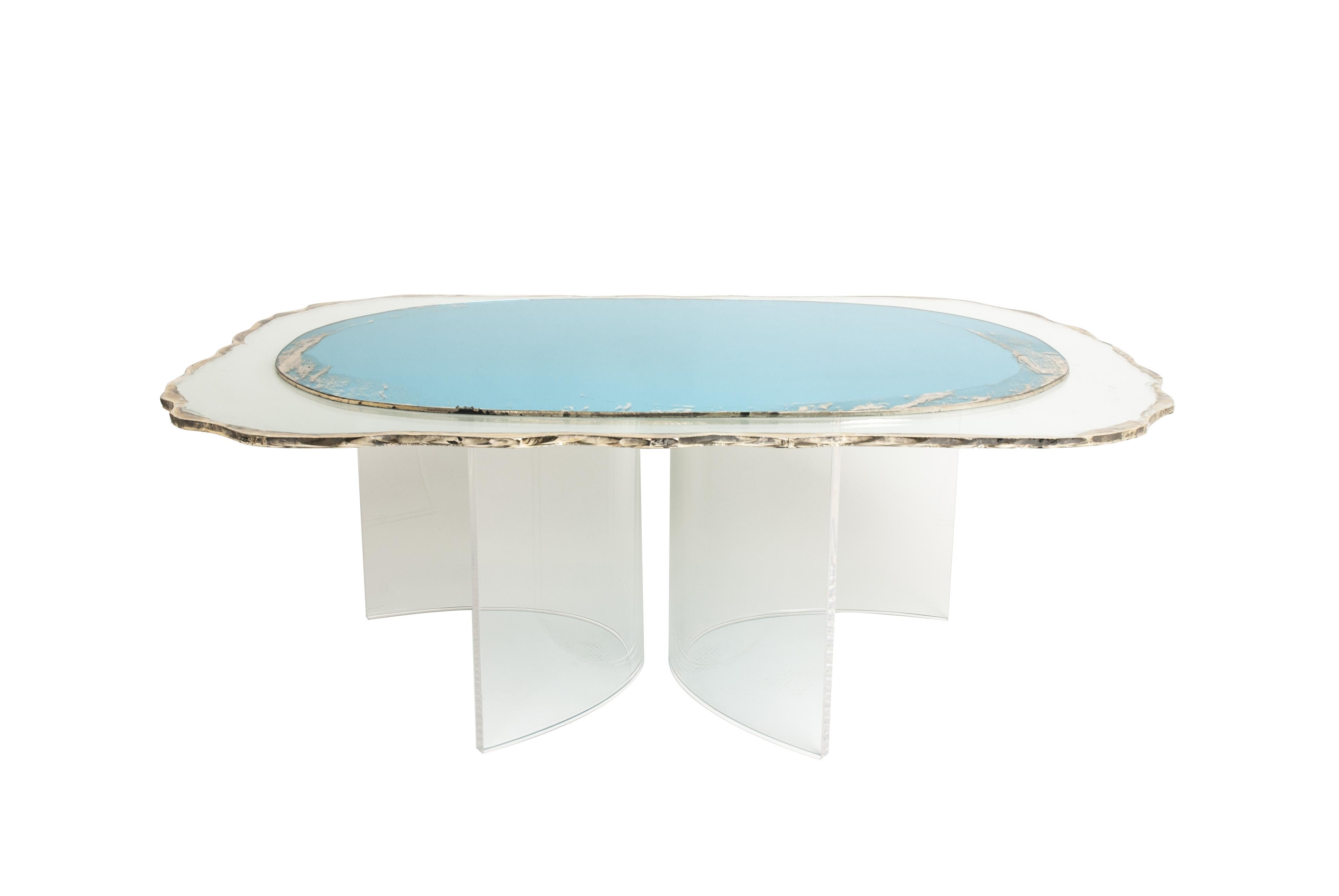 Modern Gem Contemporary Coffee Table Silvered Acqua Glass Surface and Transparent Legs For Sale