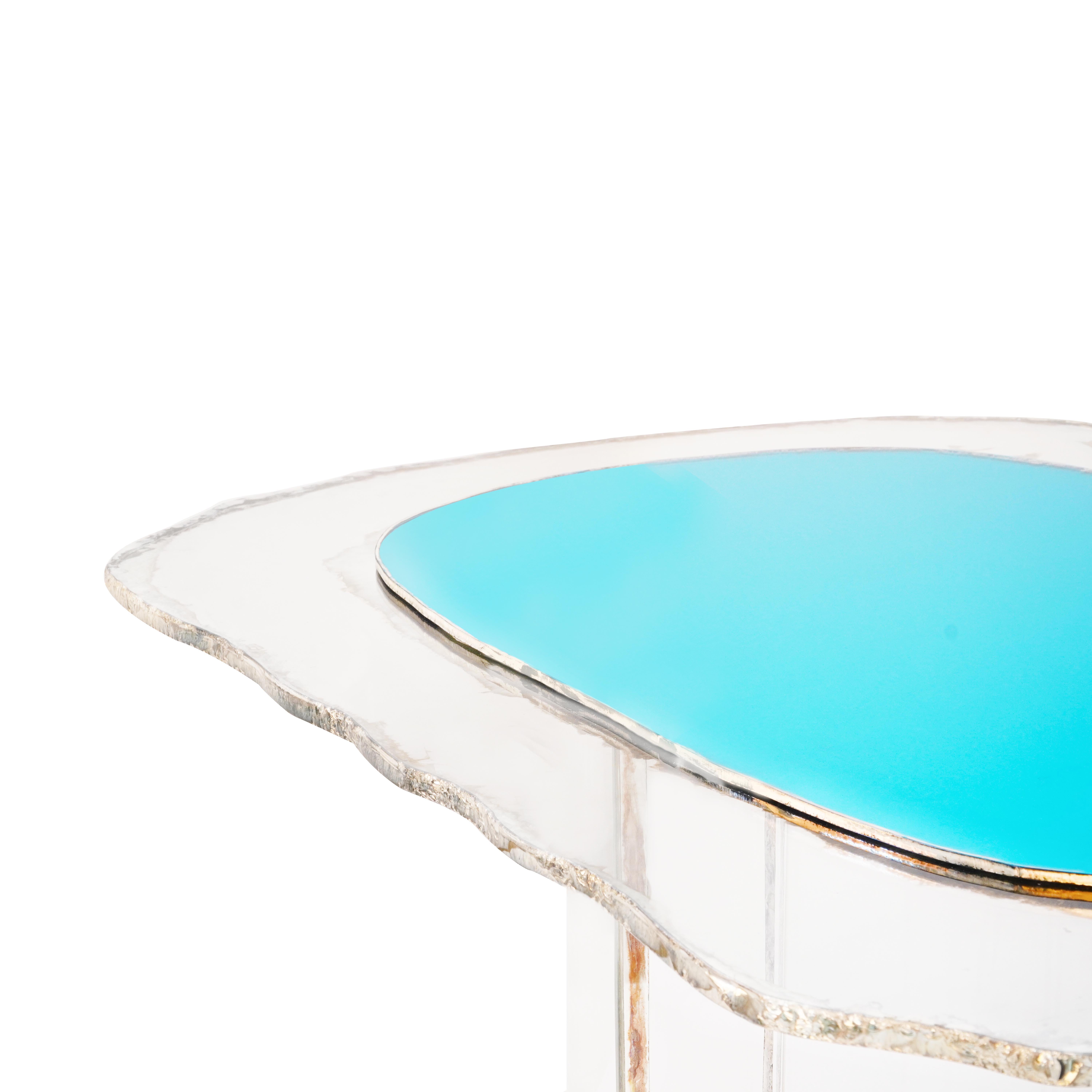 Table basse contemporaine Gem Surface en verre Aqua Silver et pieds transparents en vente 2