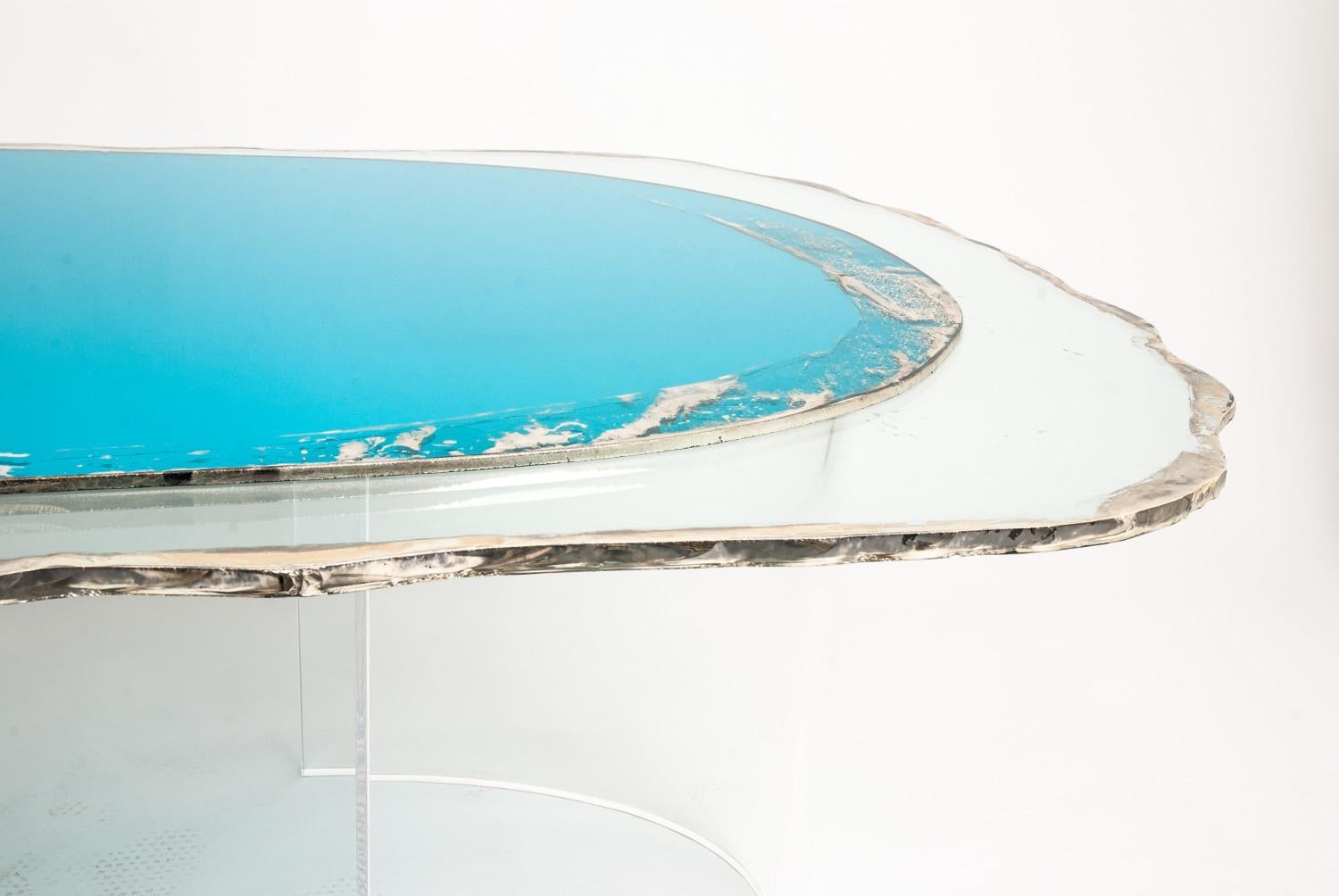 Gem Contemporary Coffee Table Silvered Acqua Glass Surface and Transparent Legs For Sale 2