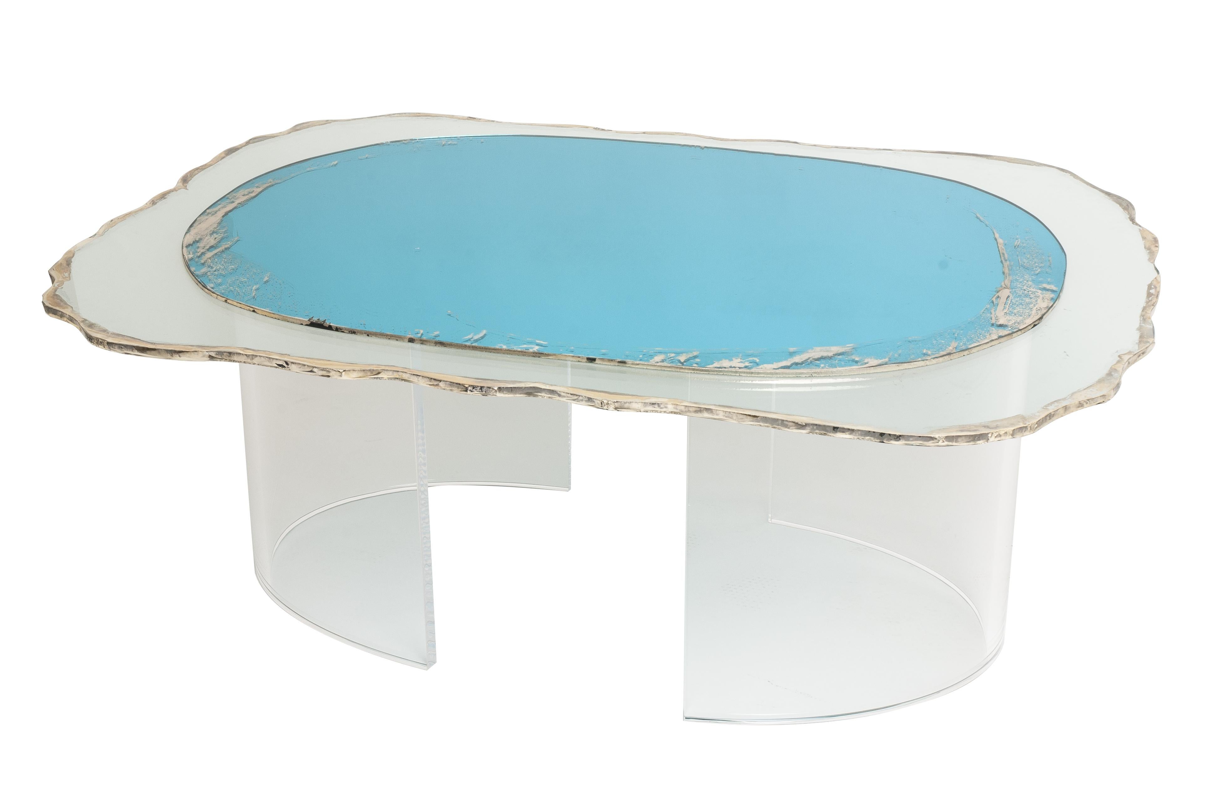 Italian Gem Contemporary Coffee Table Silvered Acqua Glass Surface and Transparent Legs For Sale