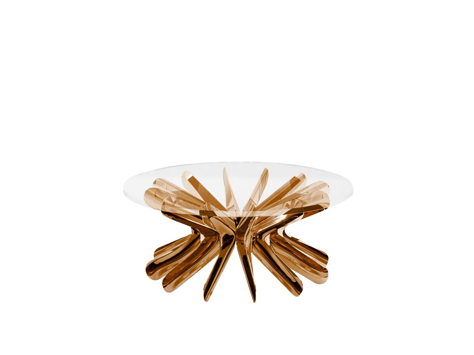 Table basse contemporaine « Steel in Rotation No. 1 » de Zieta.
Table basse Zieta originale, livrée avec certificat. 
Collection : acier en rotation.

Matériau : plateau en acier inoxydable/verre.
Couleur : or flammé.
Taille : H 37 cm P 90