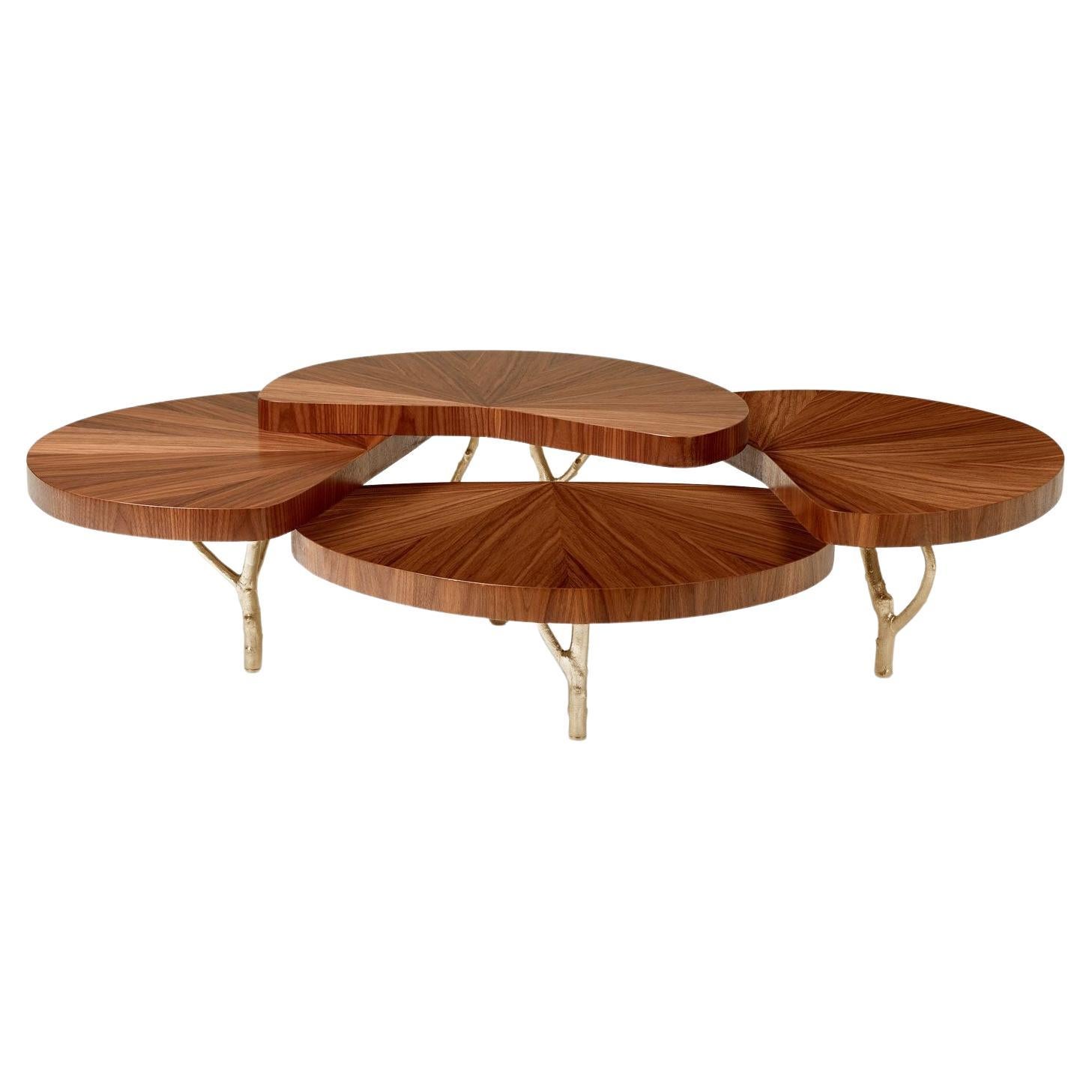 Contemporary Coffee Table With A Brass Cast Base & Wood Top For Sale