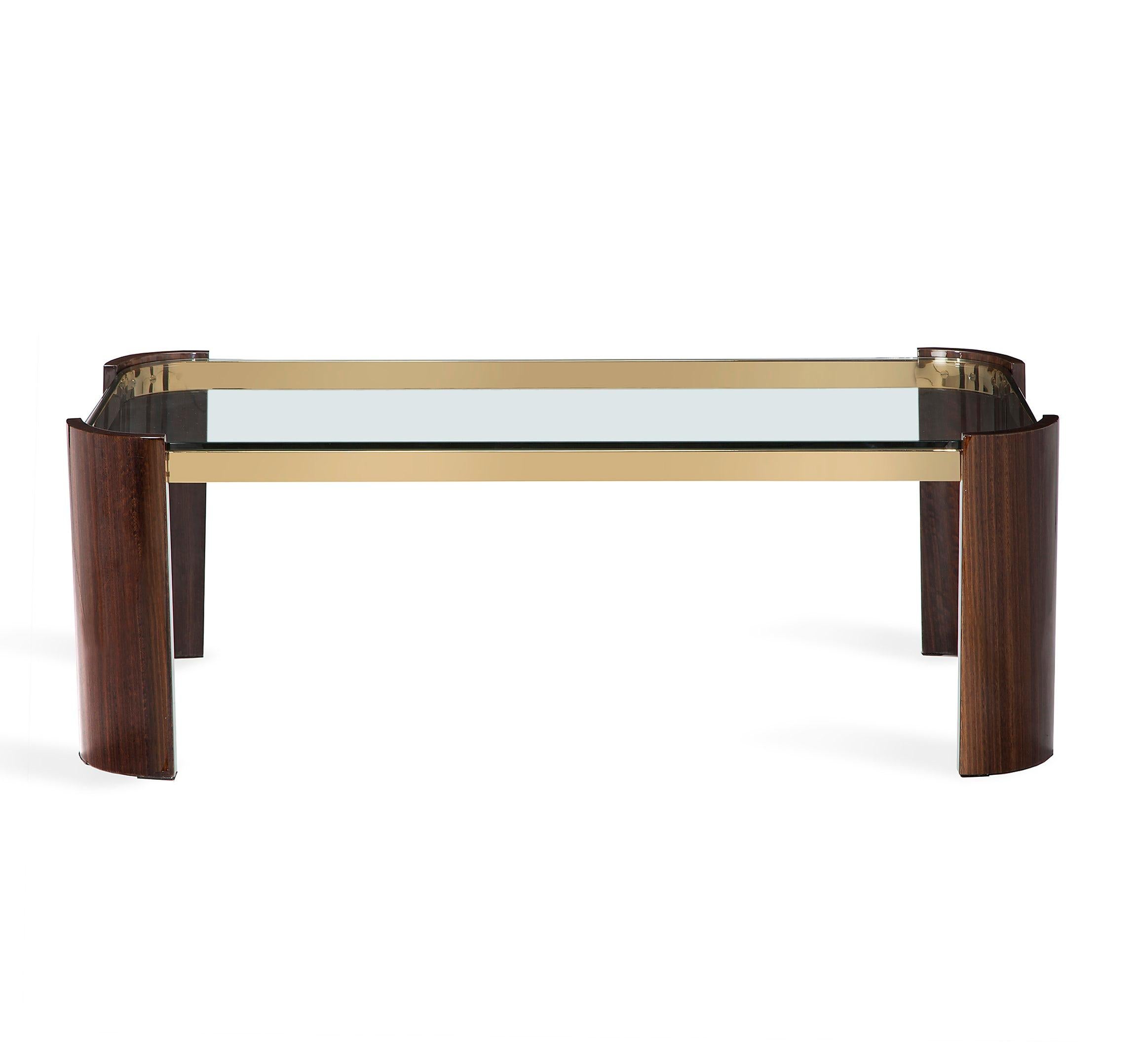 Contemporary coffee tables with figured eucalyptus legs, gold table frames, and glass top.
