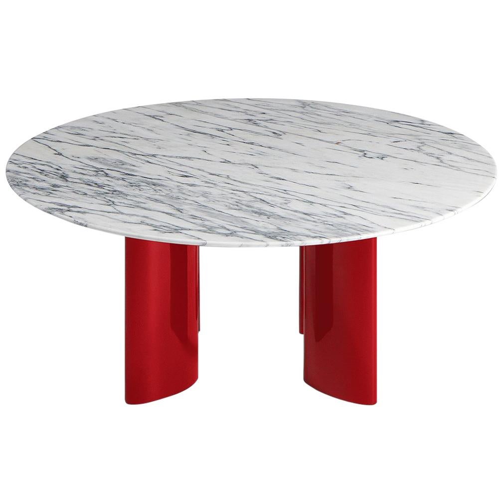 Contemporary Coffee Table with Red Lacquered Legs and White Marble