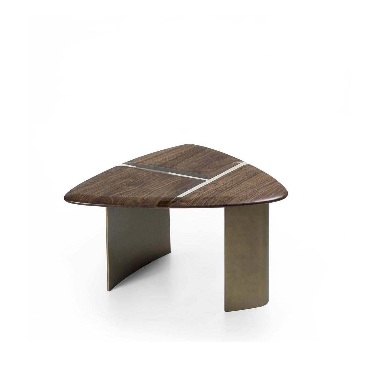 Art Deco Contemporary Coffee Table with Solid Wood Top and Brushed Aged Bronze Feet For Sale