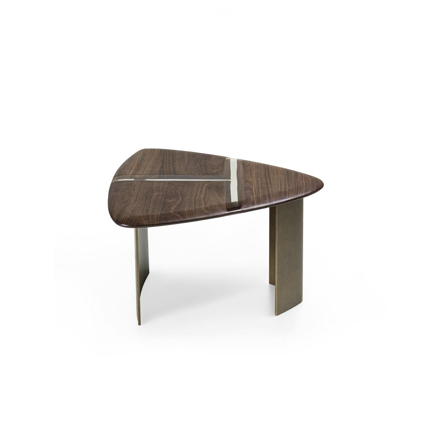 Italian Contemporary Coffee Table with Solid Wood Top and Brushed Aged Bronze Feet For Sale