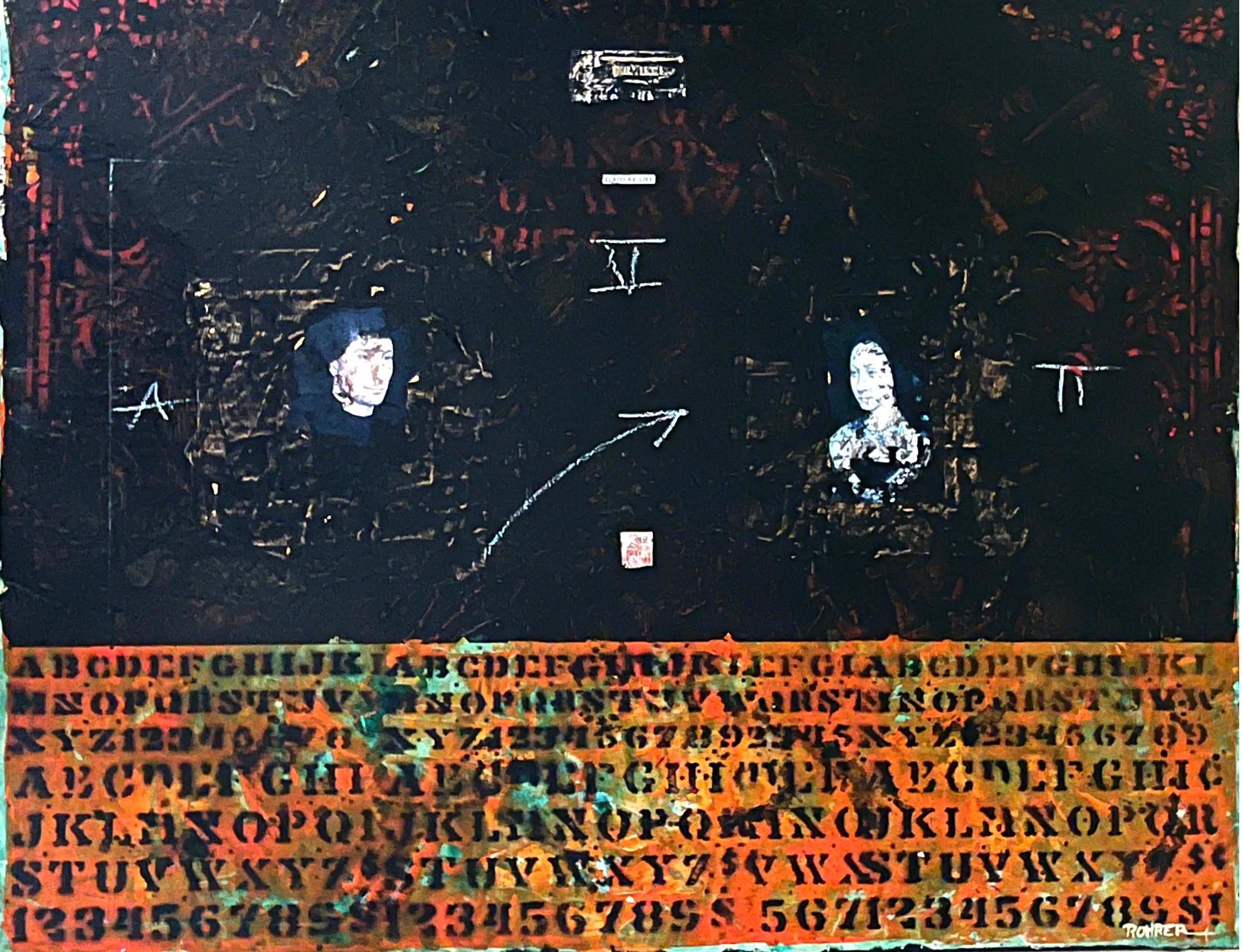 Title: Ecriture Liee (Linked Writing)
Artist: Jean-Daniel Rohrer (Swiss Canadian, 1960-).
Media: Mixed media on Canvas (collage, stencil, chalk and oil on canvas).
Year: 2007
Size: 24