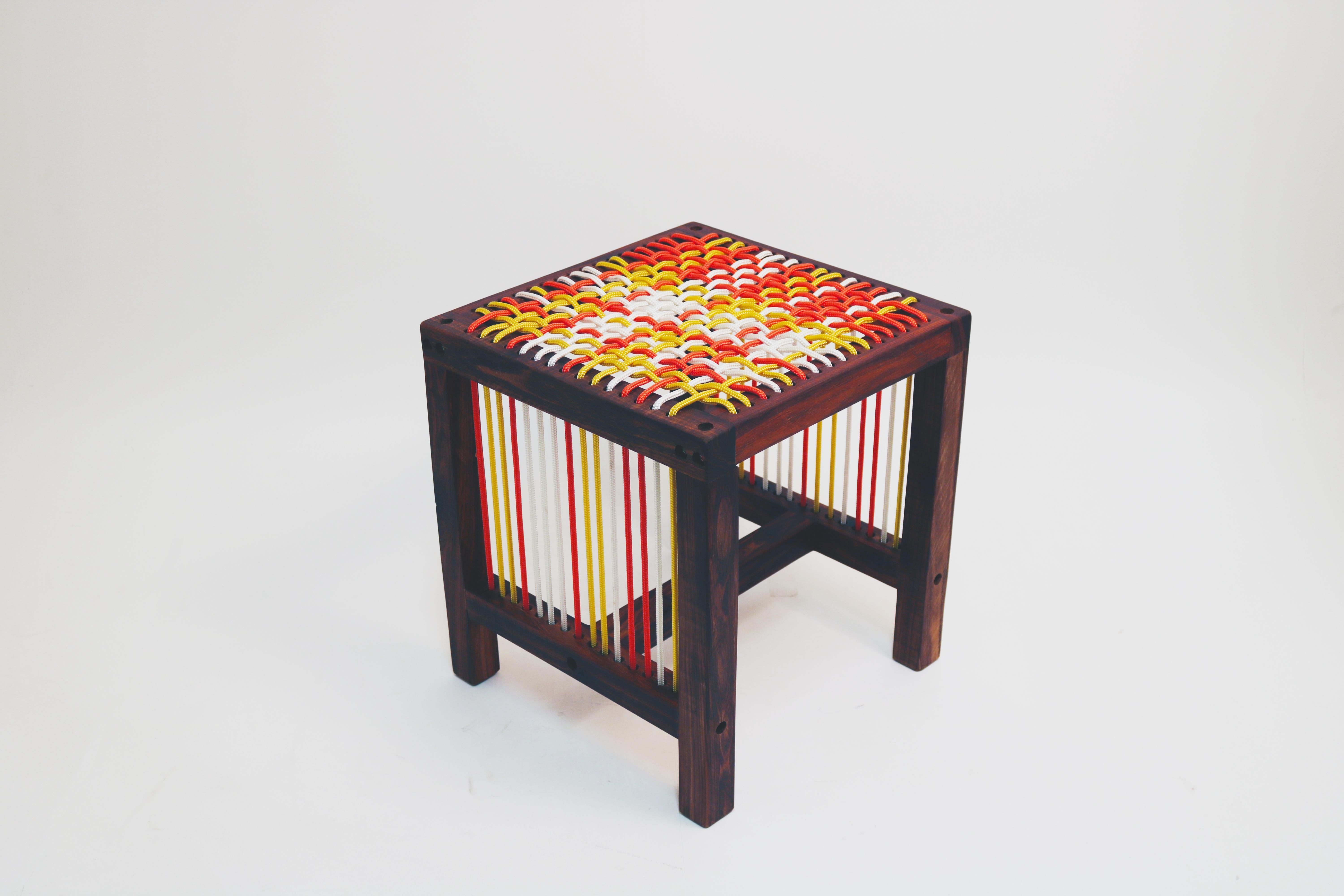 South African Contemporary Color Blocking Stool in Kiaat Wood with Oiled Finish and Nylon For Sale