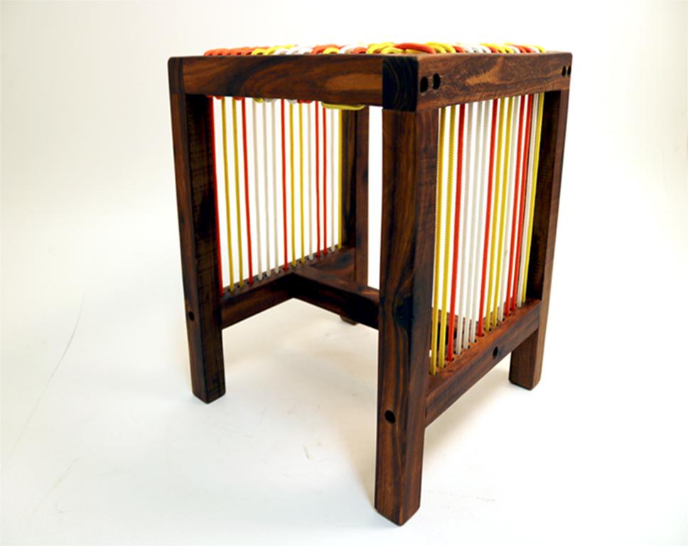 Contemporary Color Blocking Stool in Kiaat Wood with Oiled Finish and Nylon For Sale 1