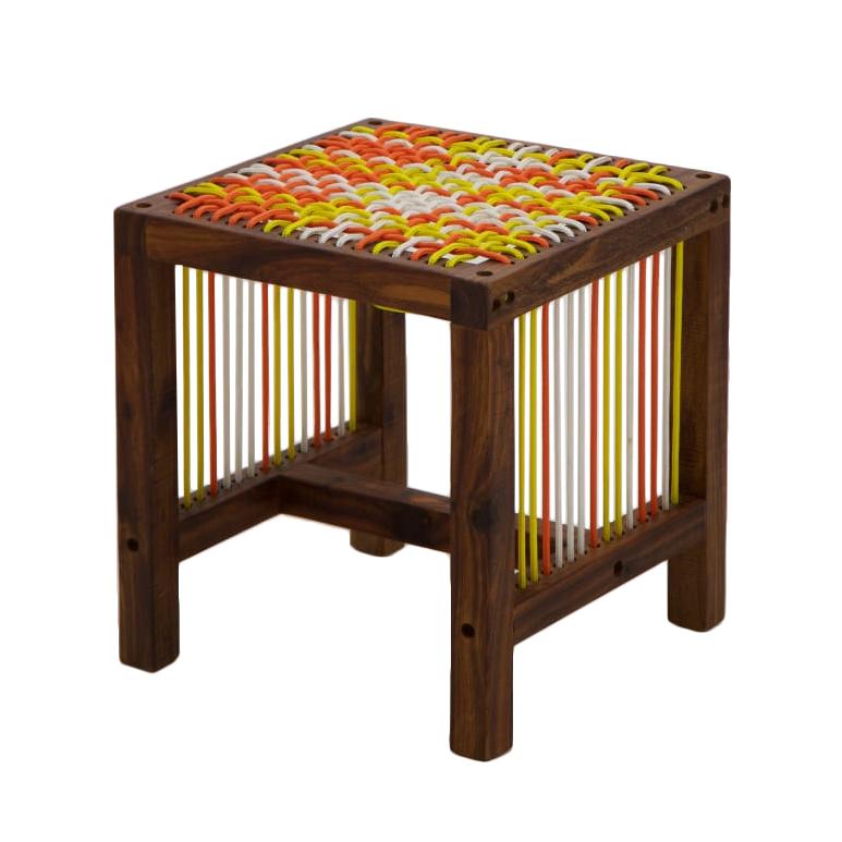 Contemporary Color Blocking Stool in Kiaat Wood with Oiled Finish and Nylon For Sale