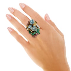 Rosior one-off Color Diamond, Emerald and Sapphire "Flowers" Ring in Yellow Gold