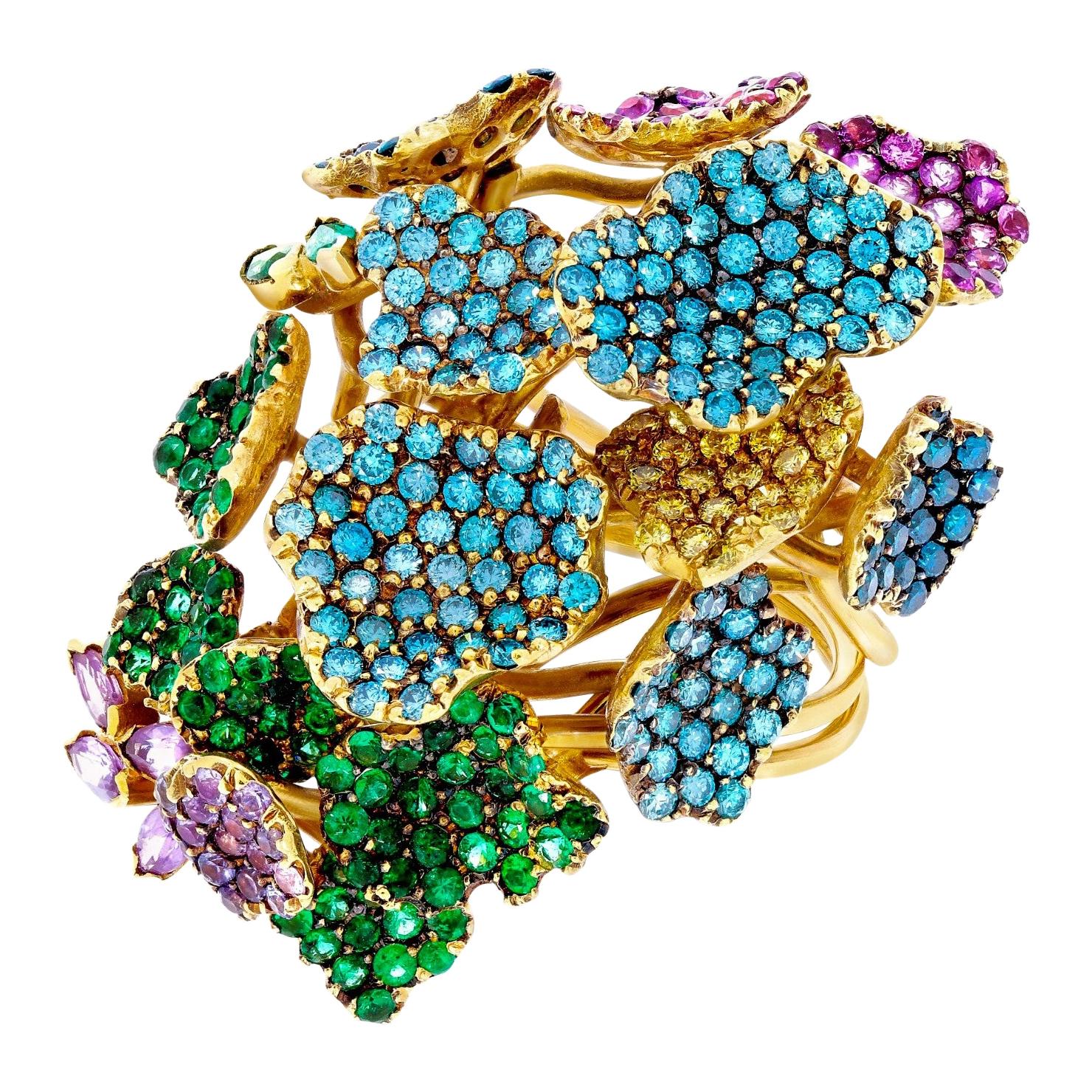 Rosior one-off Color Diamond, Emerald and Sapphire "Flowers" Ring in Yellow Gold