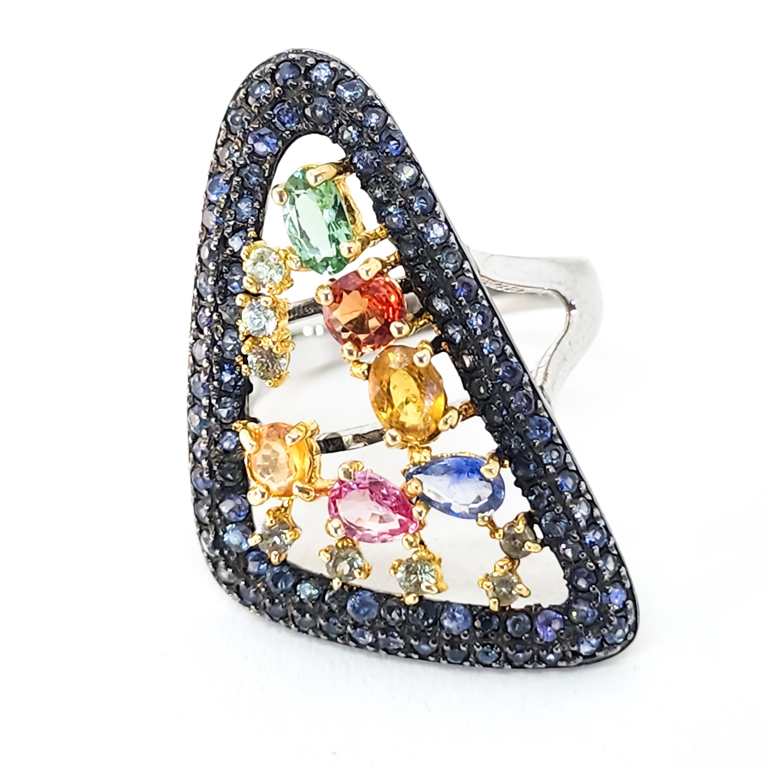 Contemporary Color Multi Gemstone and Sapphire Cocktail Triangle Ring Sterling For Sale 5
