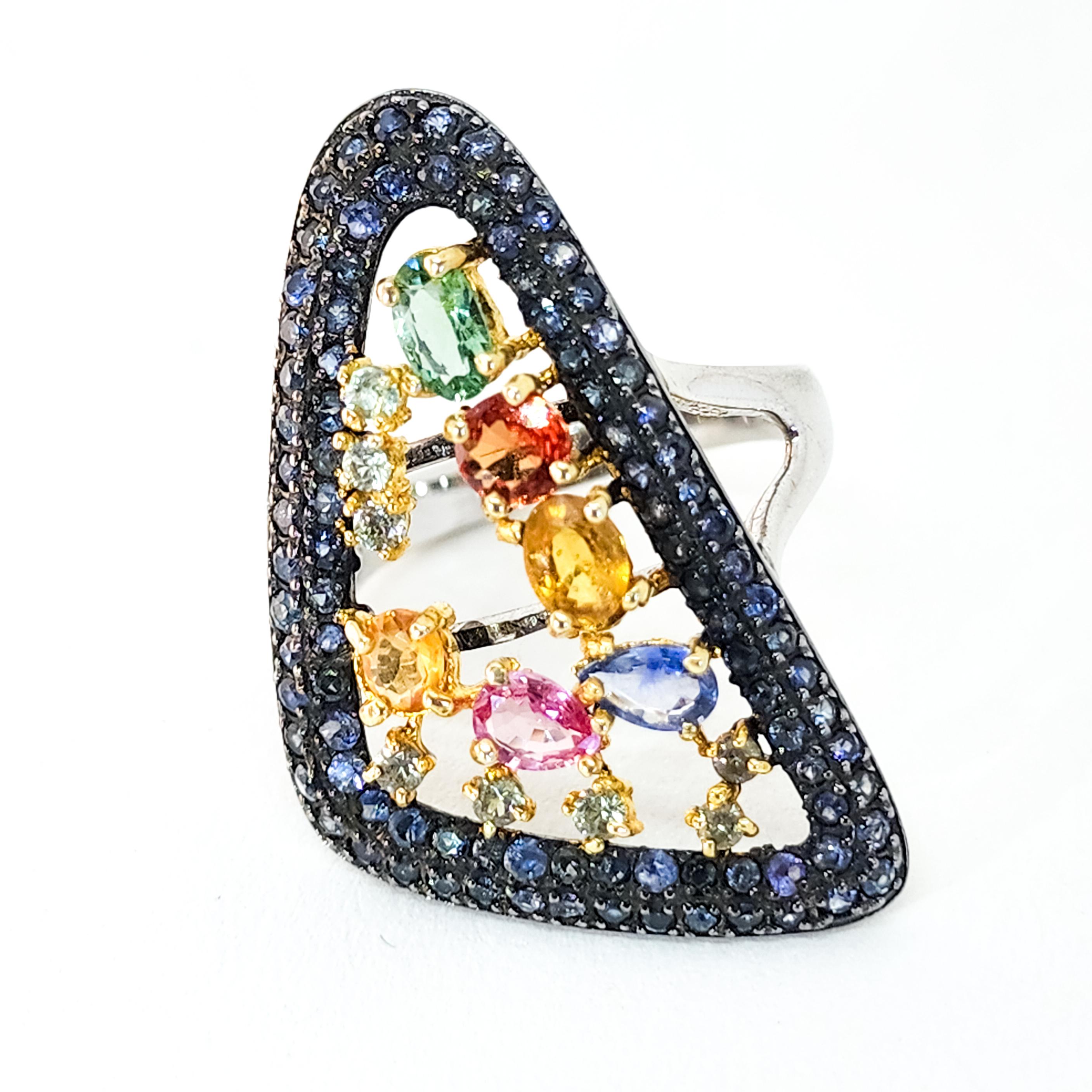 Contemporary Color Multi Gemstone and Sapphire Cocktail Triangle Ring Sterling In New Condition For Sale In Lambertville , NJ