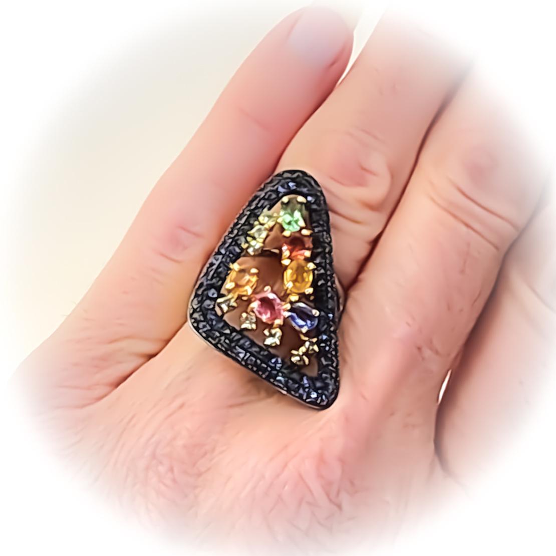 Women's Contemporary Color Multi Gemstone and Sapphire Cocktail Triangle Ring Sterling For Sale