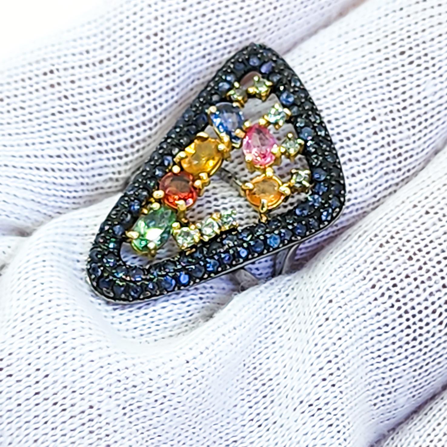 Contemporary Color Multi Gemstone and Sapphire Cocktail Triangle Ring Sterling For Sale 1