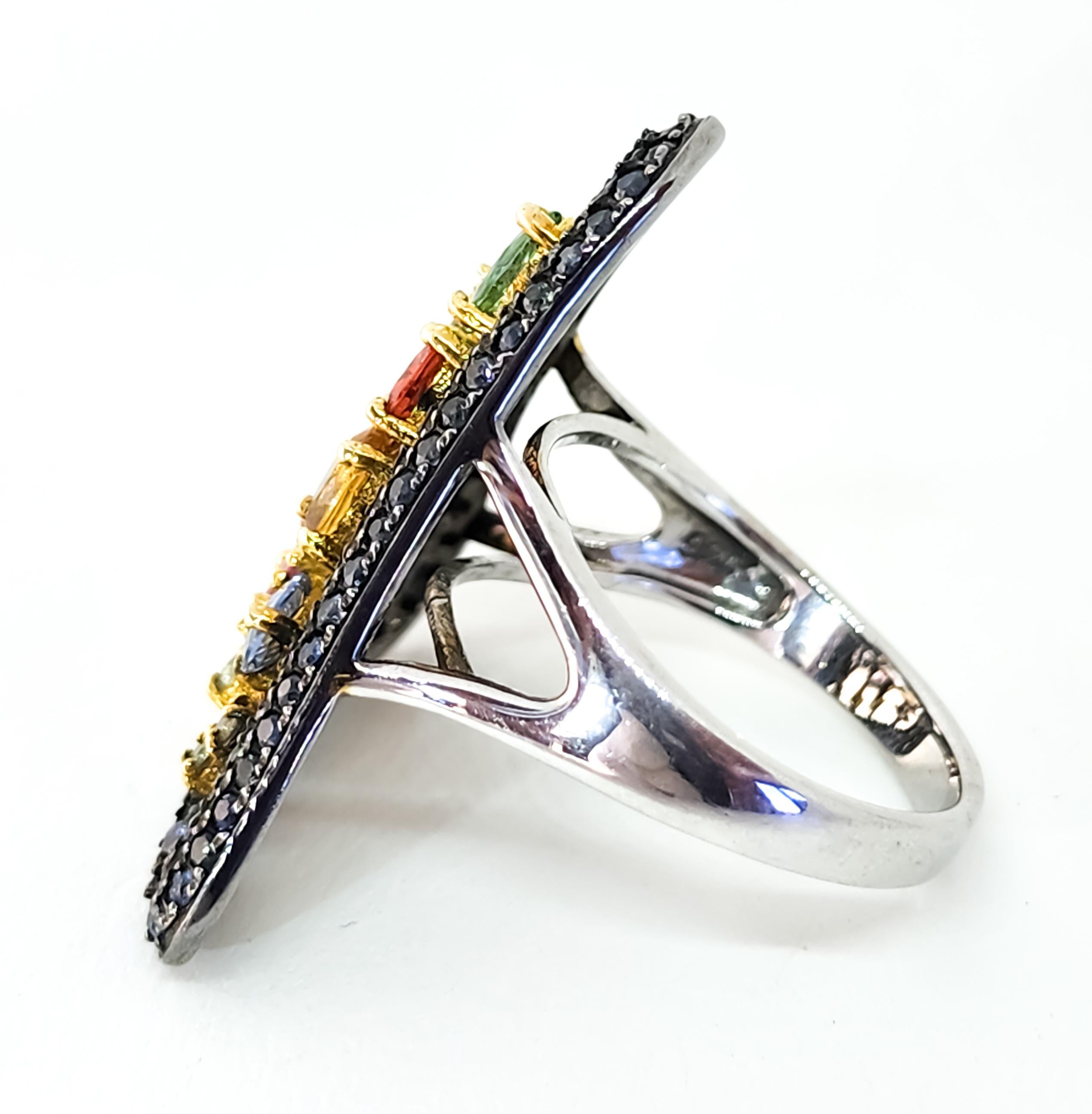 Contemporary Color Multi Gemstone and Sapphire Cocktail Triangle Ring Sterling For Sale 2