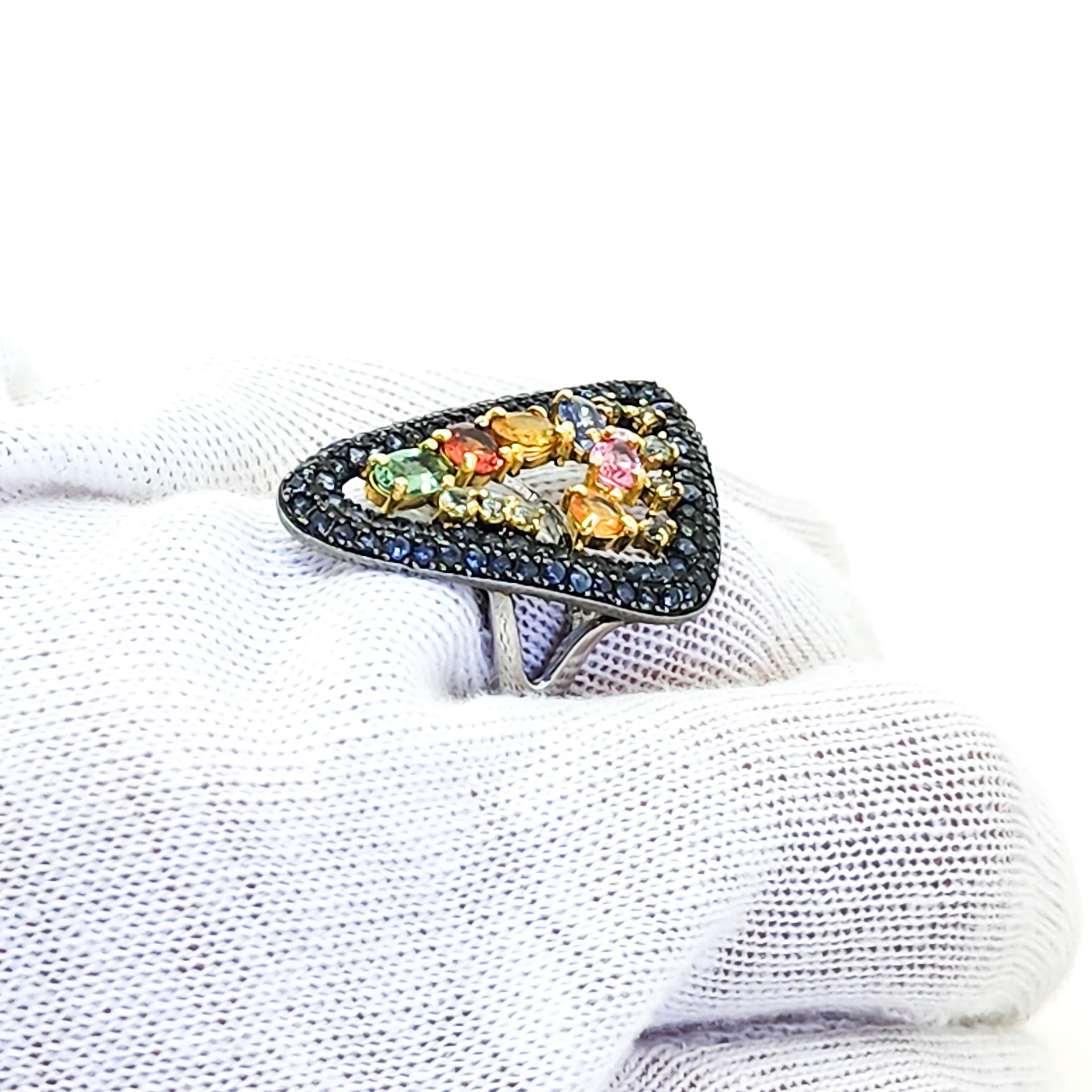 Contemporary Color Multi Gemstone and Sapphire Cocktail Triangle Ring Sterling For Sale 4