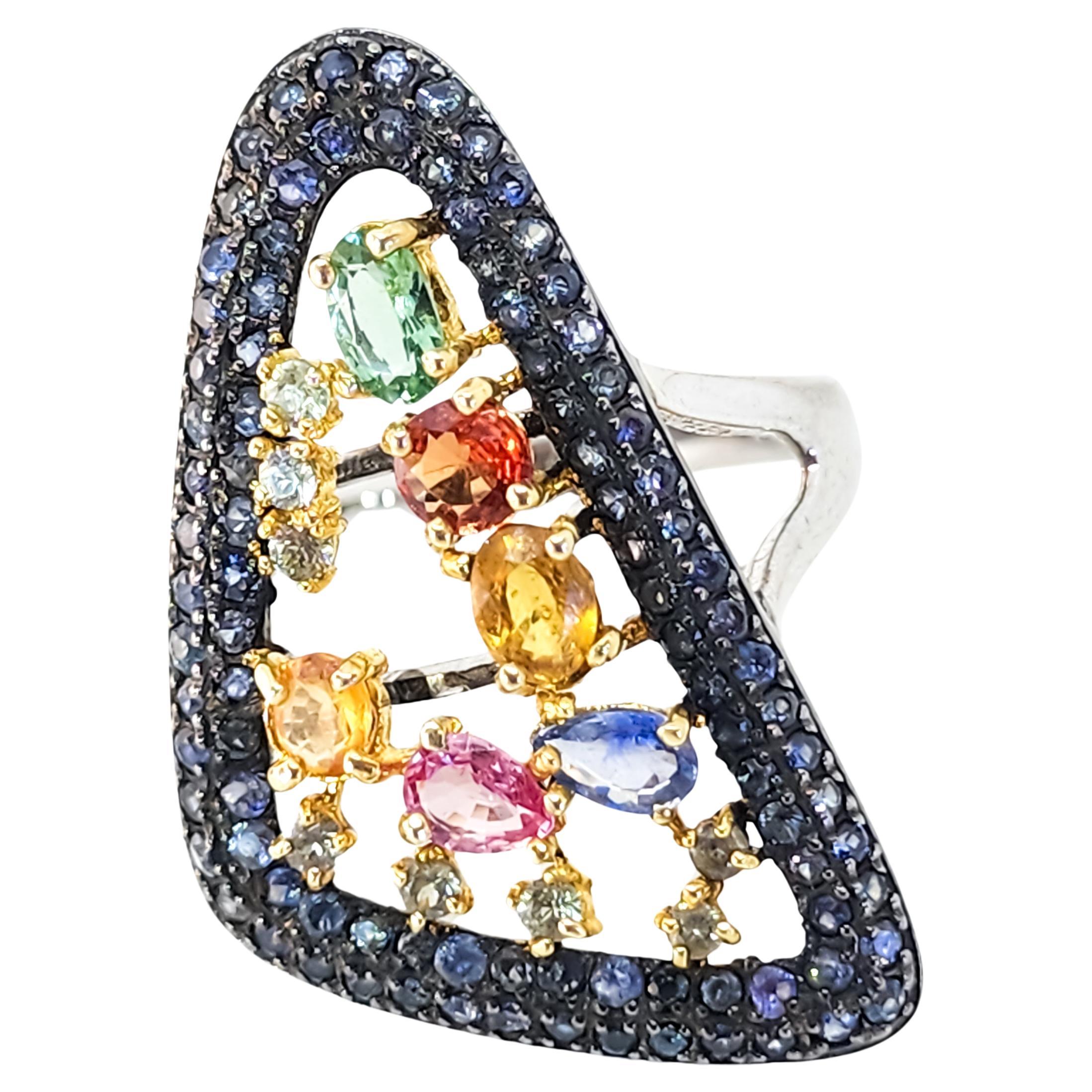 Contemporary Color Multi Gemstone and Sapphire Cocktail Triangle Ring Sterling For Sale