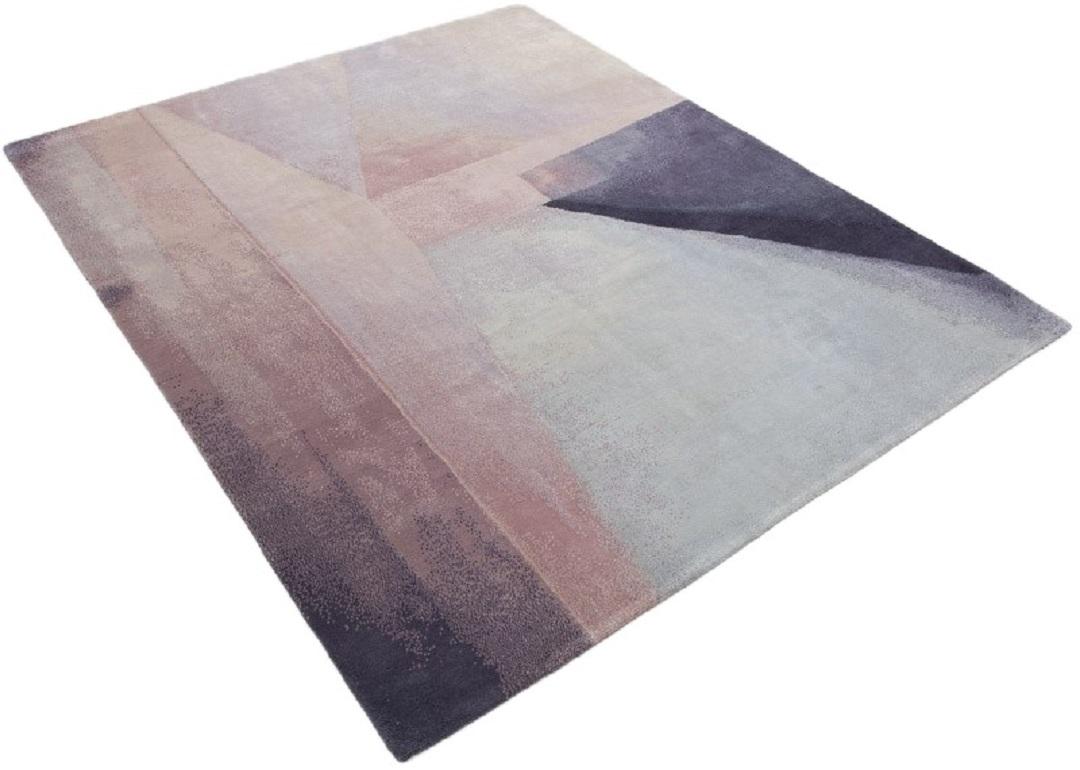Modern Contemporary Colorblock Blush Light Blue Purple Hand Knotted Wool and Silk Rug For Sale