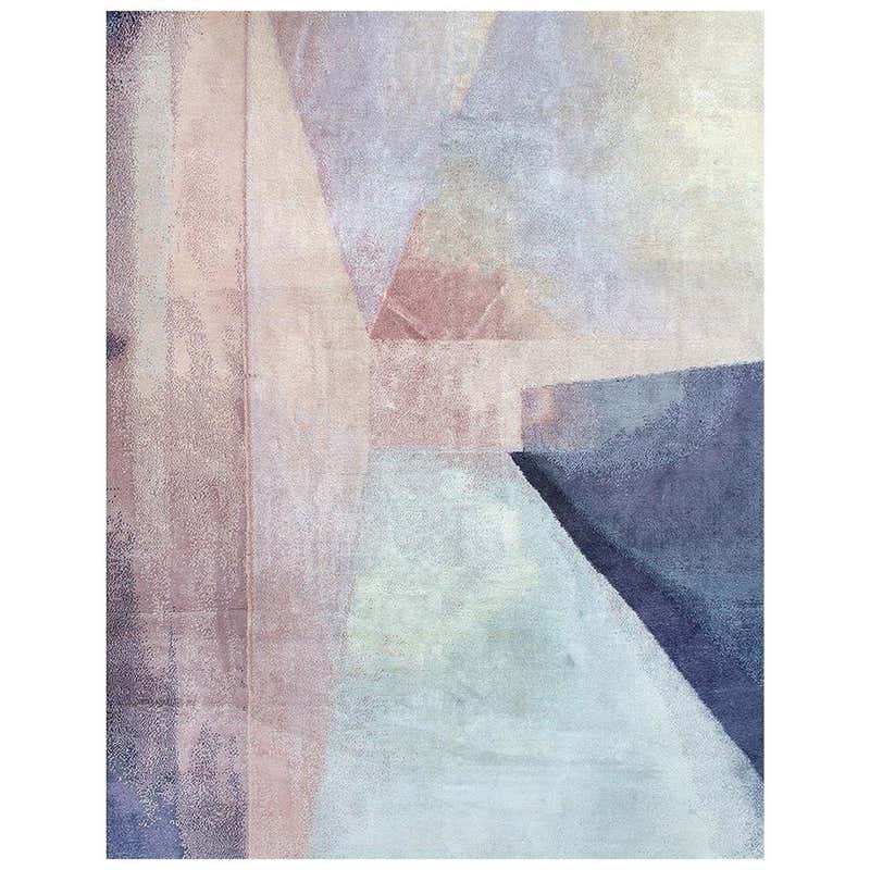 Contemporary Colorblock Blush Light Blue Purple Hand Knotted Wool and ...