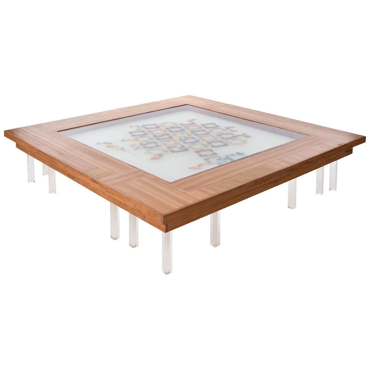 Contemporary Colored Mosaiced Coffee Table Cobogó in Wood, Acrylic, Glass, Resin For Sale