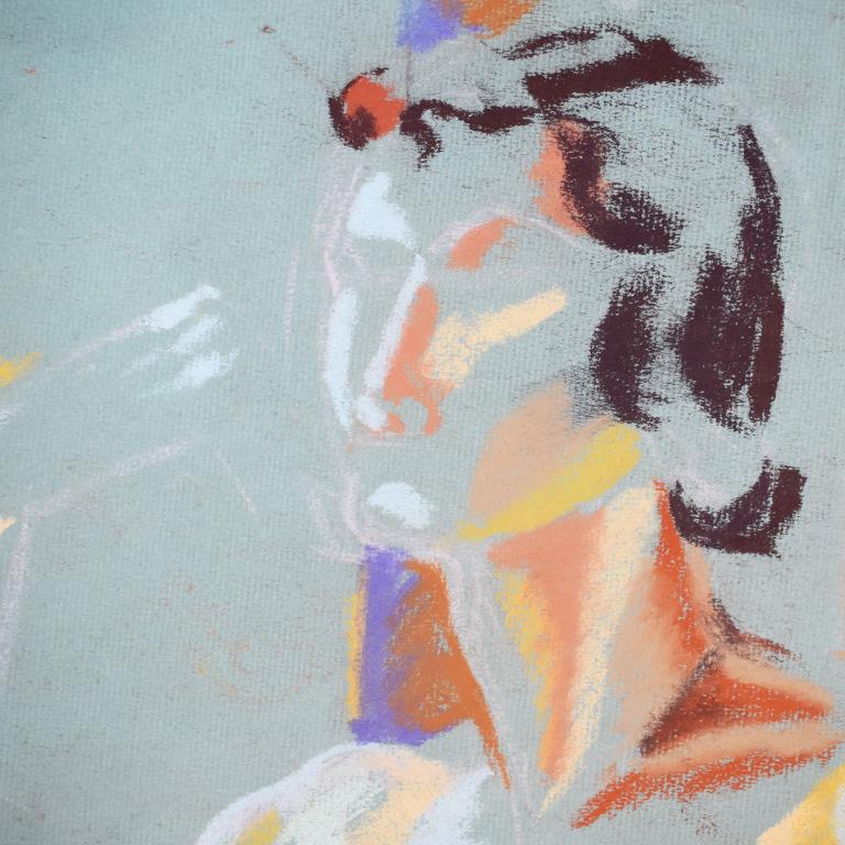Modern Contemporary Colorful Nude Chalk Painting Drawing on Blue circa 1960 Signed Ball For Sale