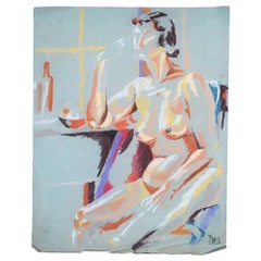 Pittura contemporanea a gesso colorata di nudo su sfondo blu del 1960 circa, firmata Ball