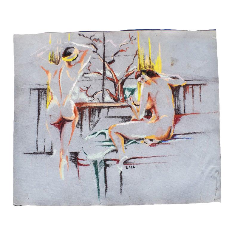 Esquisse contemporaine de femmes nues colorées à la craie:: circa 1960:: signée Boule