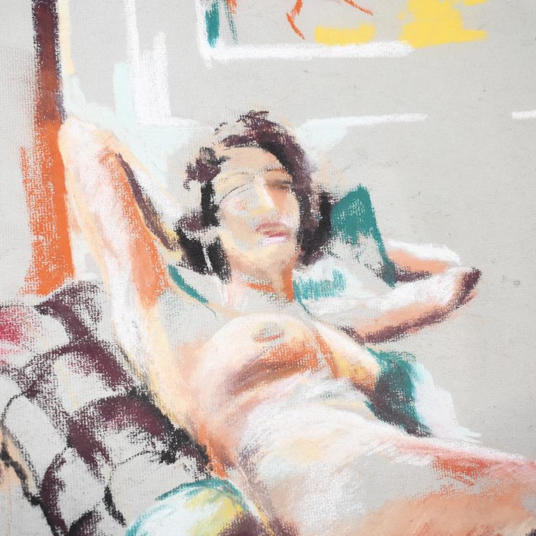 Portrait chalk sketching of a woman reclining nude. This piece features bold greens, blues, oranges, blacks and yellows. Woman is reclining on a fainting sofa, arms behind her head and legs crossed. Piece is hand-drawn with chalk all on large gray