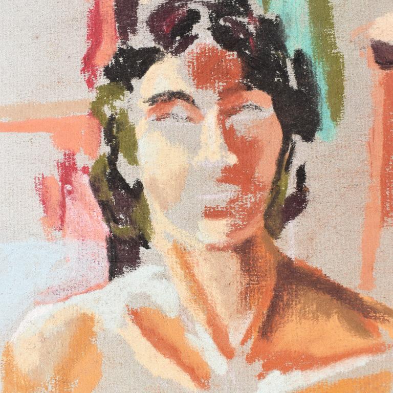 Porträtkreideskizze einer nackten Frau, die auf dem Boden sitzt und sich anlehnt. In der Art von Salvador Dali. Dieses Stück besteht aus leuchtenden Orangen, Gelben und Smaragdgrünen mit einem kleinen Hauch von leuchtendem Rosa. 

Das Motiv, eine