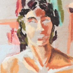 Contemporary Colorful Nude Woman Chalk Sketch with Orange circa 1960 Signed Ball