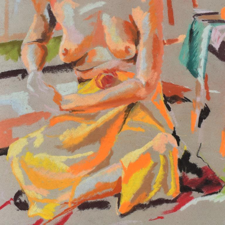 Mid-Century Modern Contemporary Colorful Nude Woman Chalk Sketch with Orange circa 1960 Signed Ball For Sale