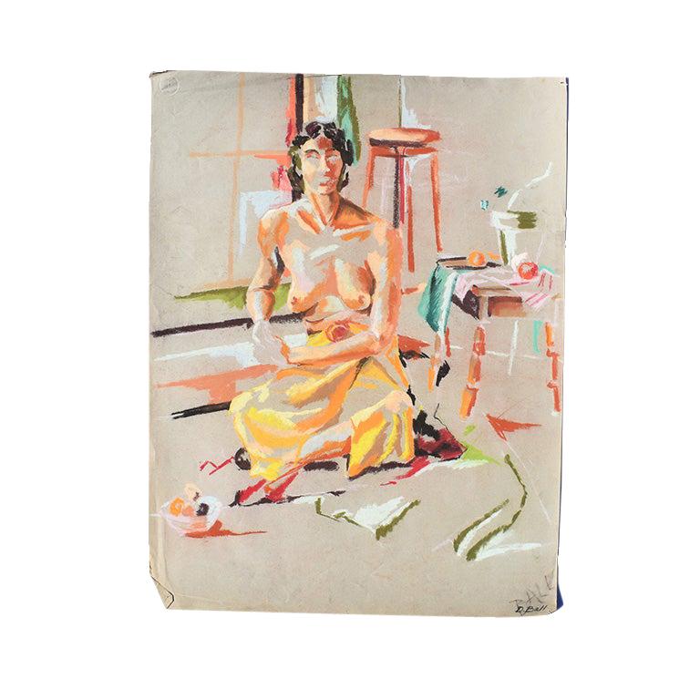 Contemporary Colorful Nude Woman Chalk Sketch with Orange circa 1960 Signed Ball