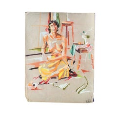 Vintage Contemporary Colorful Nude Woman Chalk Sketch with Orange circa 1960 Signed Ball