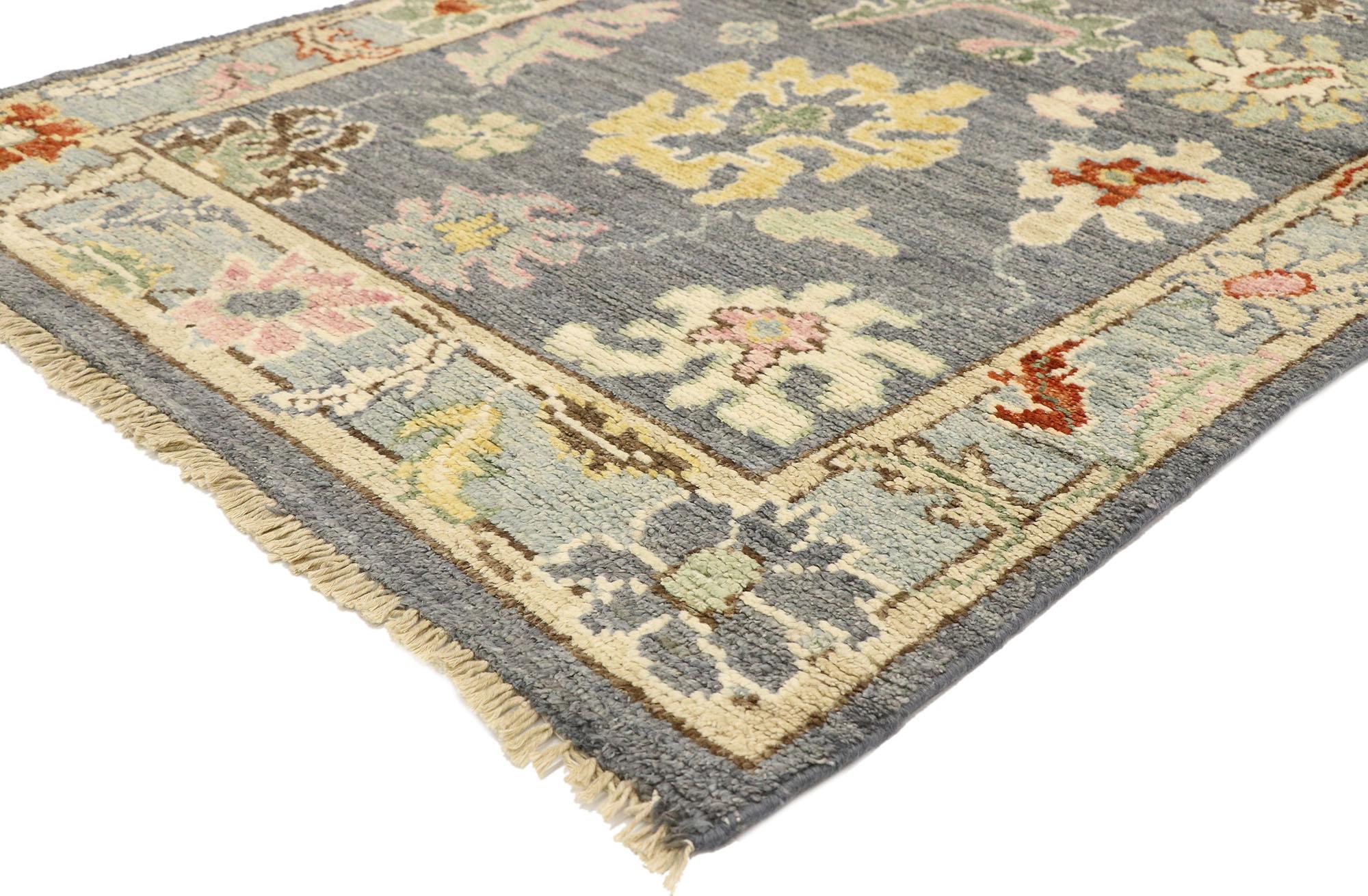 80390 New Modern Colorful Oushak Rug, 03'07 x 06'01. Exuding a stylish complexity and a highly decorative aesthetic, this hand knotted wool Oushak rug epitomizes traditional style with a modern twist. Its exquisitely balanced designs and gentle