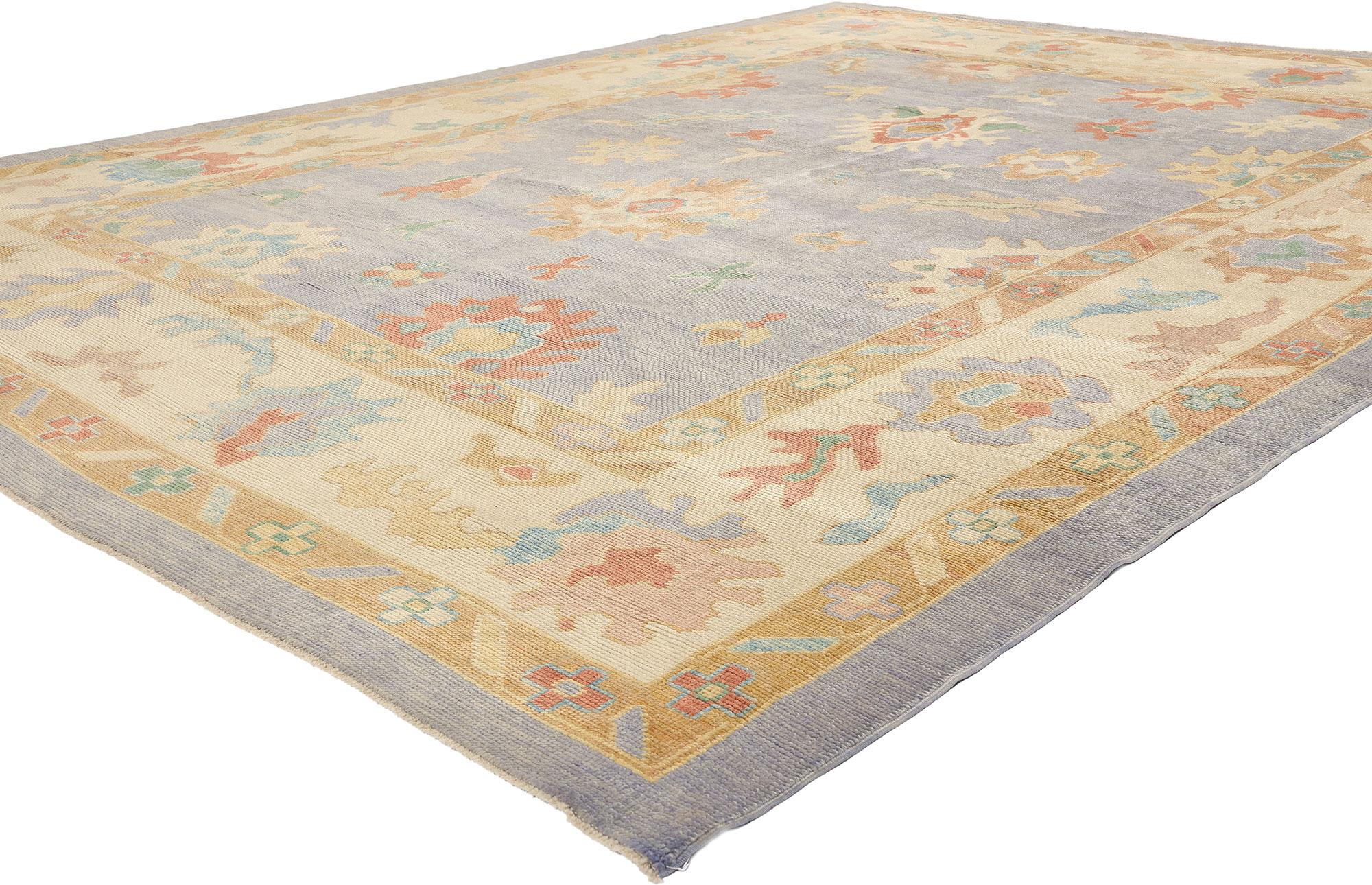 52164 Modern Turkish Colorful Oushak Rug, 09'05 x 12'05. In this hand-knotted wool colorful Turkish Oushak rug, playful sophistication intertwines with polished Anatolian charm to create a captivating fusion of styles. The Oushak rug's allover