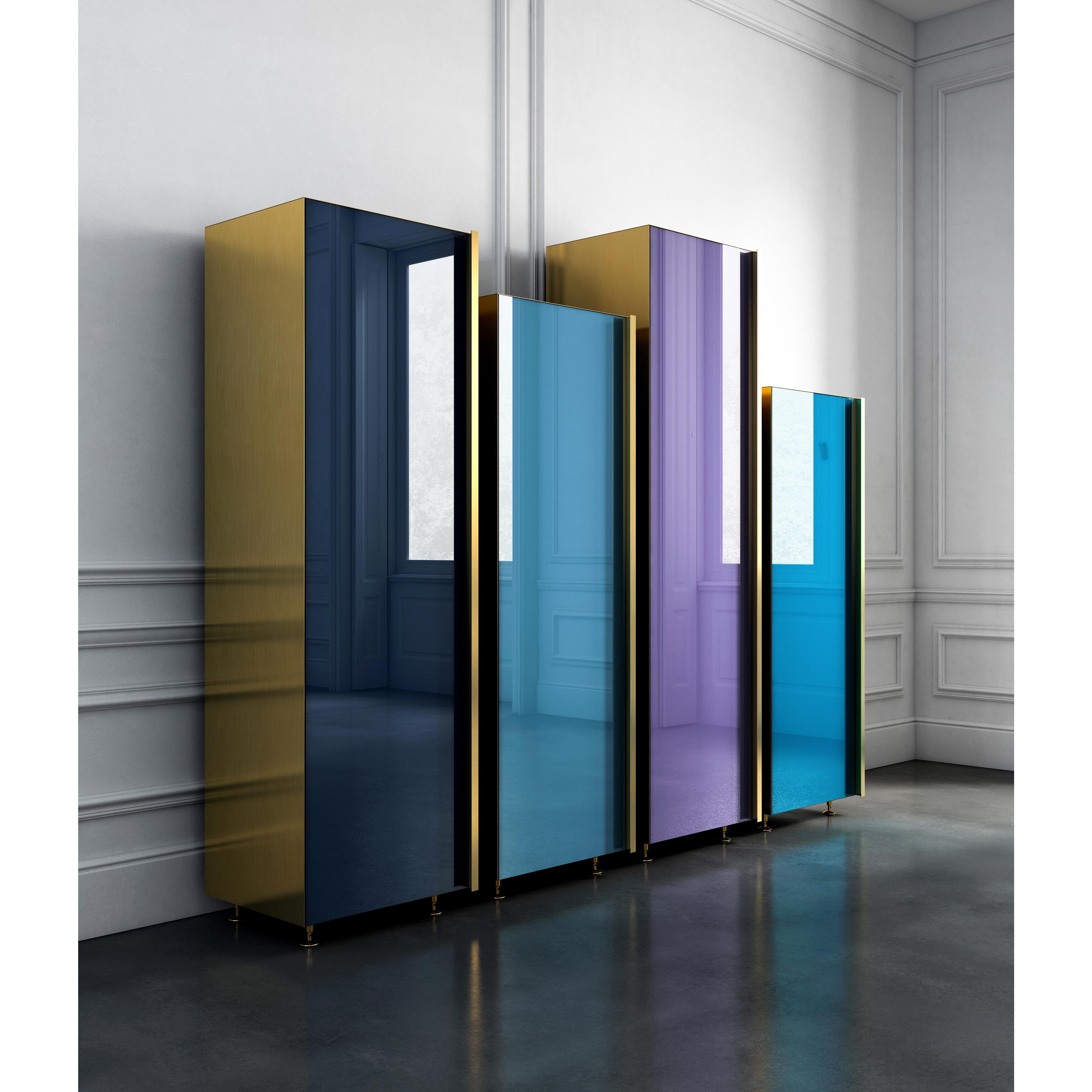 Modern Contemporary Column Set of Four Brass Glass Cupboards Storage Unit Blue For Sale