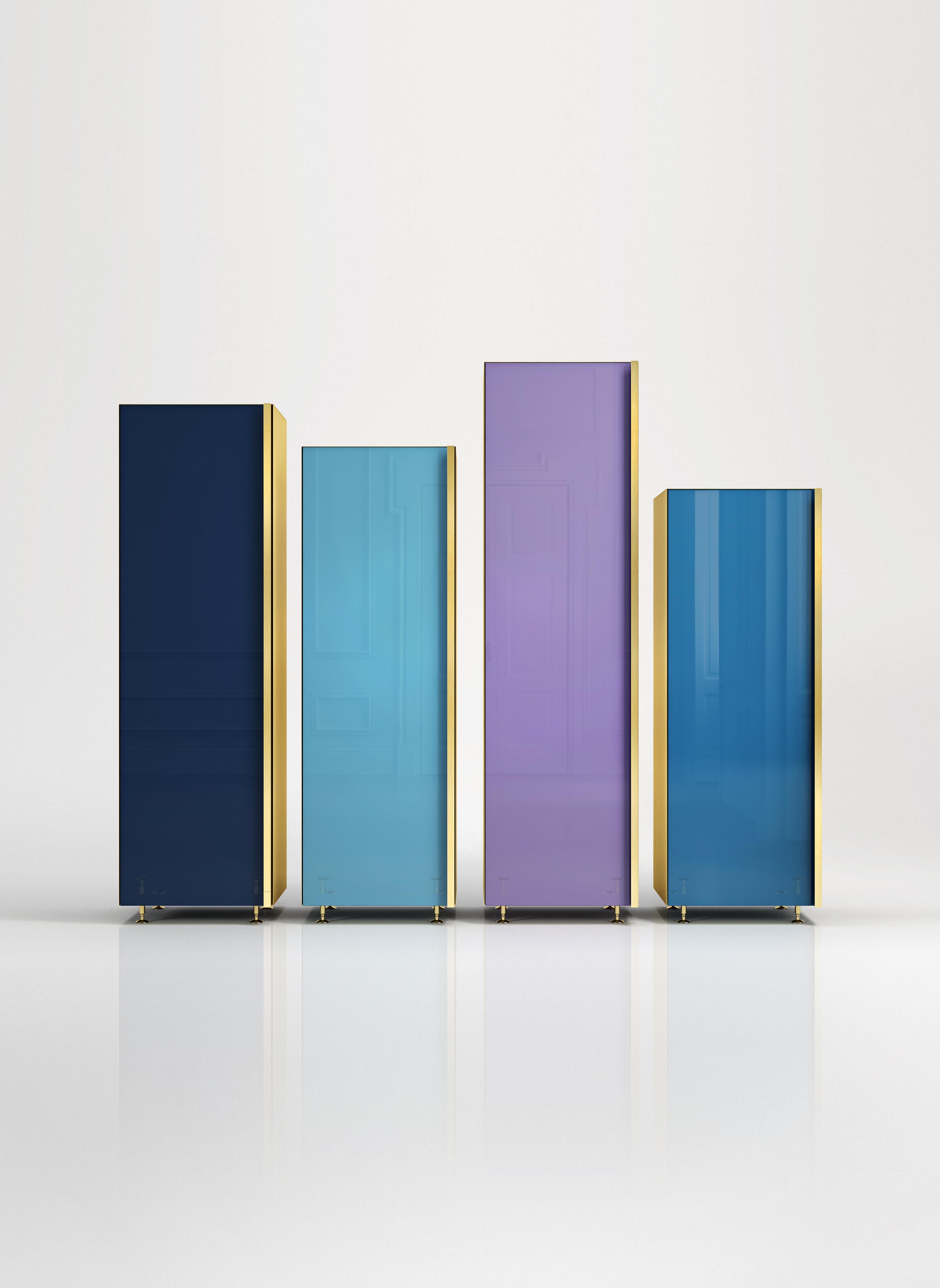 Italian Contemporary Column Set of Four Brass Glass Cupboards Storage Unit Blue For Sale