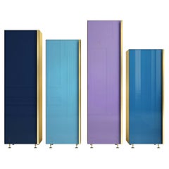 Contemporary Column Set of Four Brass Glass Cupboards Storage Unit Blue