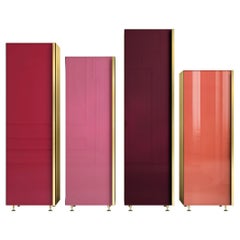 Contemporary Column Set of Four Brass Glass Cupboards Storage Unit Blush