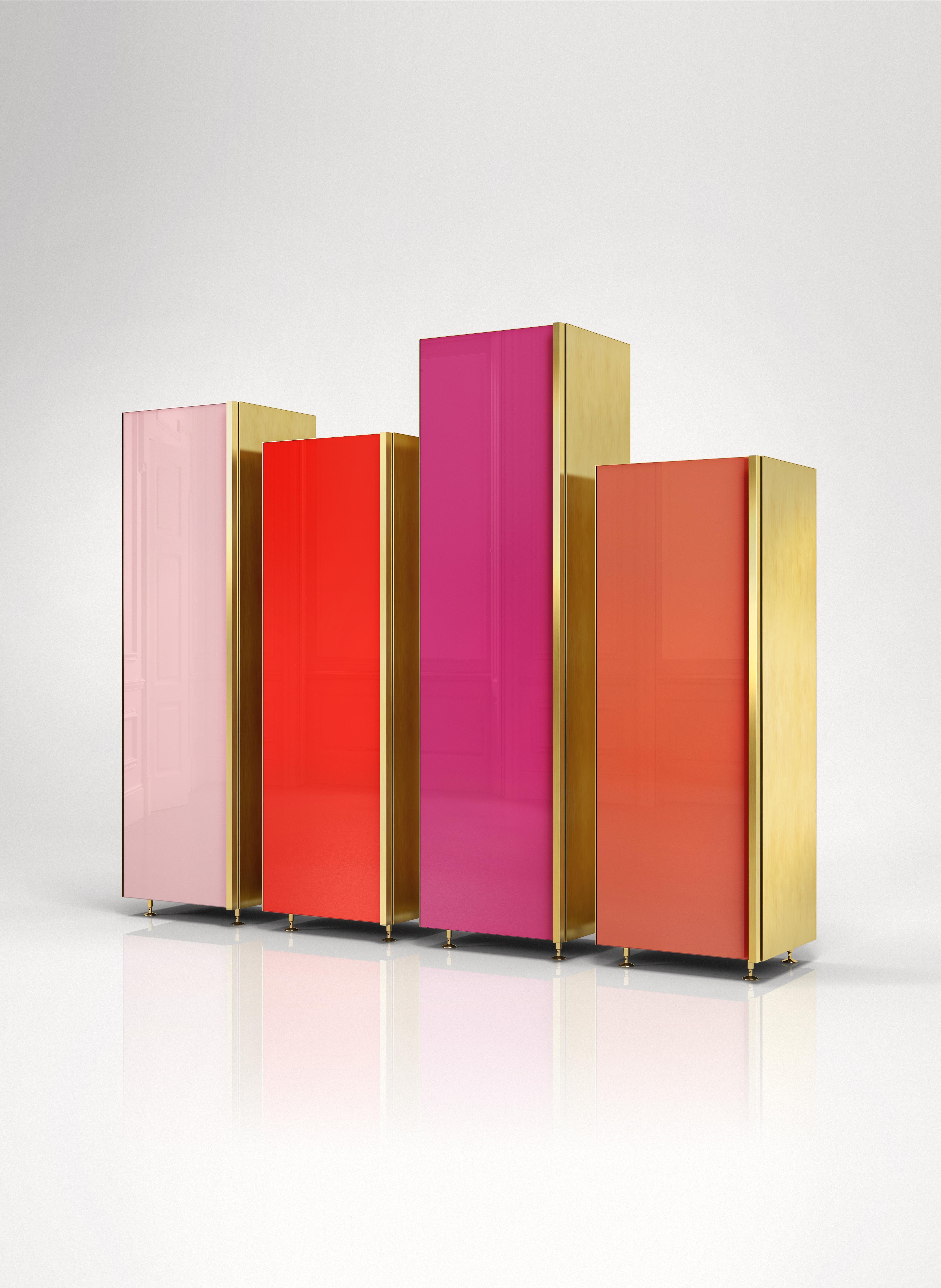 Modern Contemporary Column Set of Four Brass Glass Cupboards Storage Unit Red For Sale