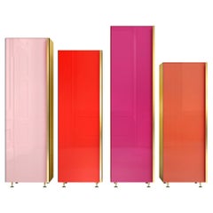 Contemporary Column Set of Four Brass Glass Cupboards Storage Unit Red