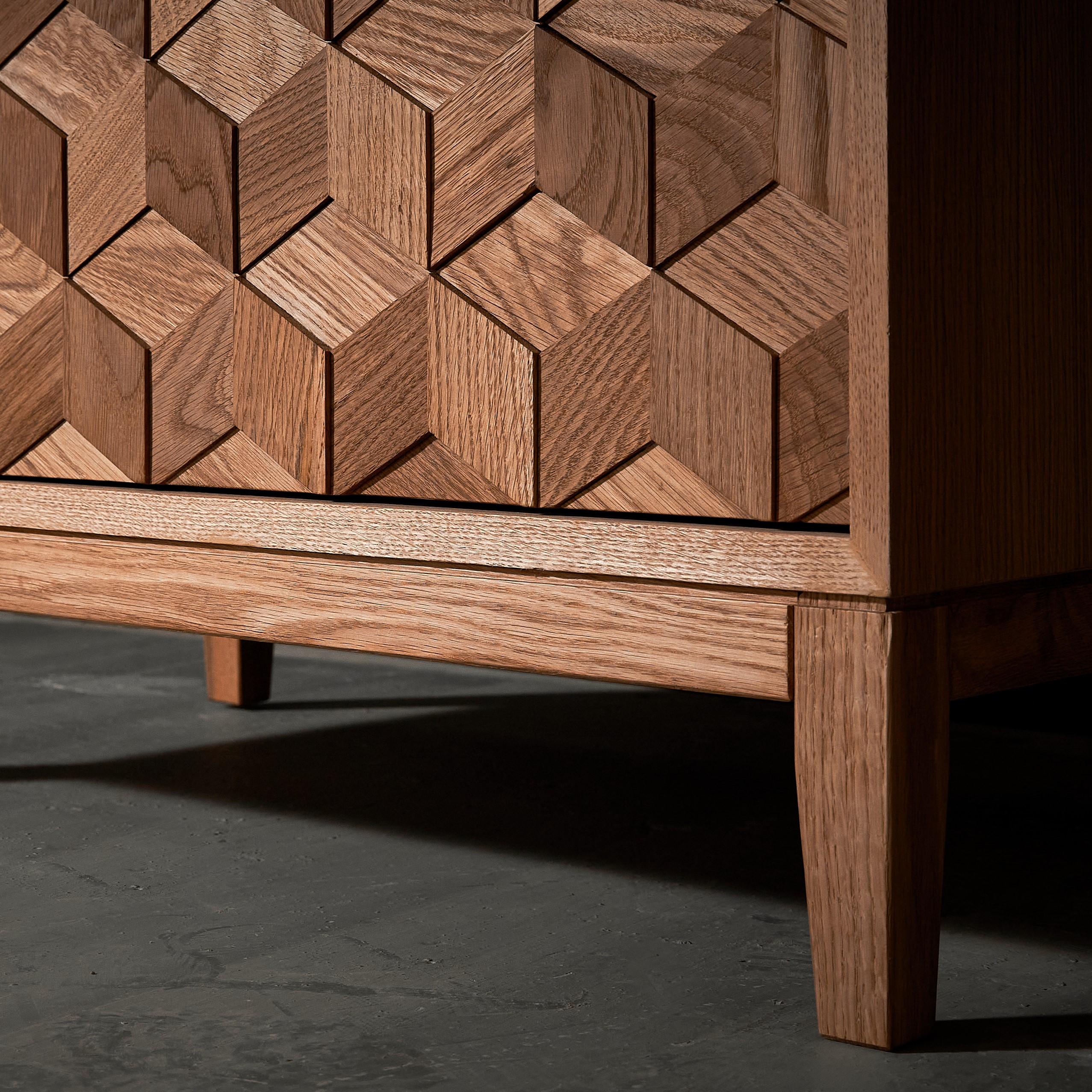 Moldovan Contemporary Commode in Solid Oak with Hexagon Oak Mosaic + 3D Model For Sale