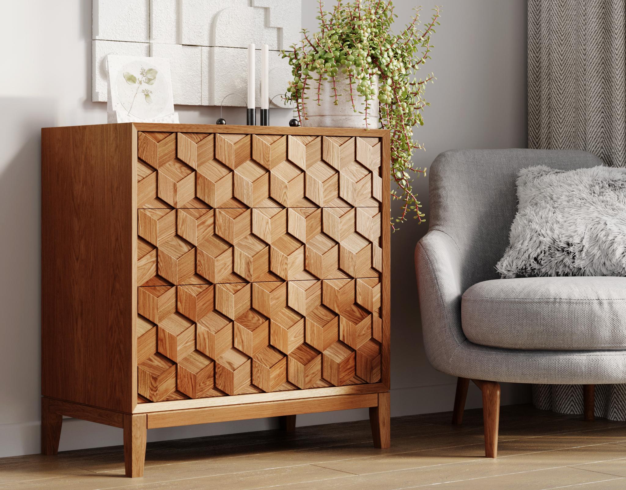 !! If you need a 3D model, just let us know !!

A stylish Hexagon chest of drawers will effectively fit into a modern interior. The fonts are made of textured, 3D wooden panels in the hexagon shape, which give the chest of drawers volume and