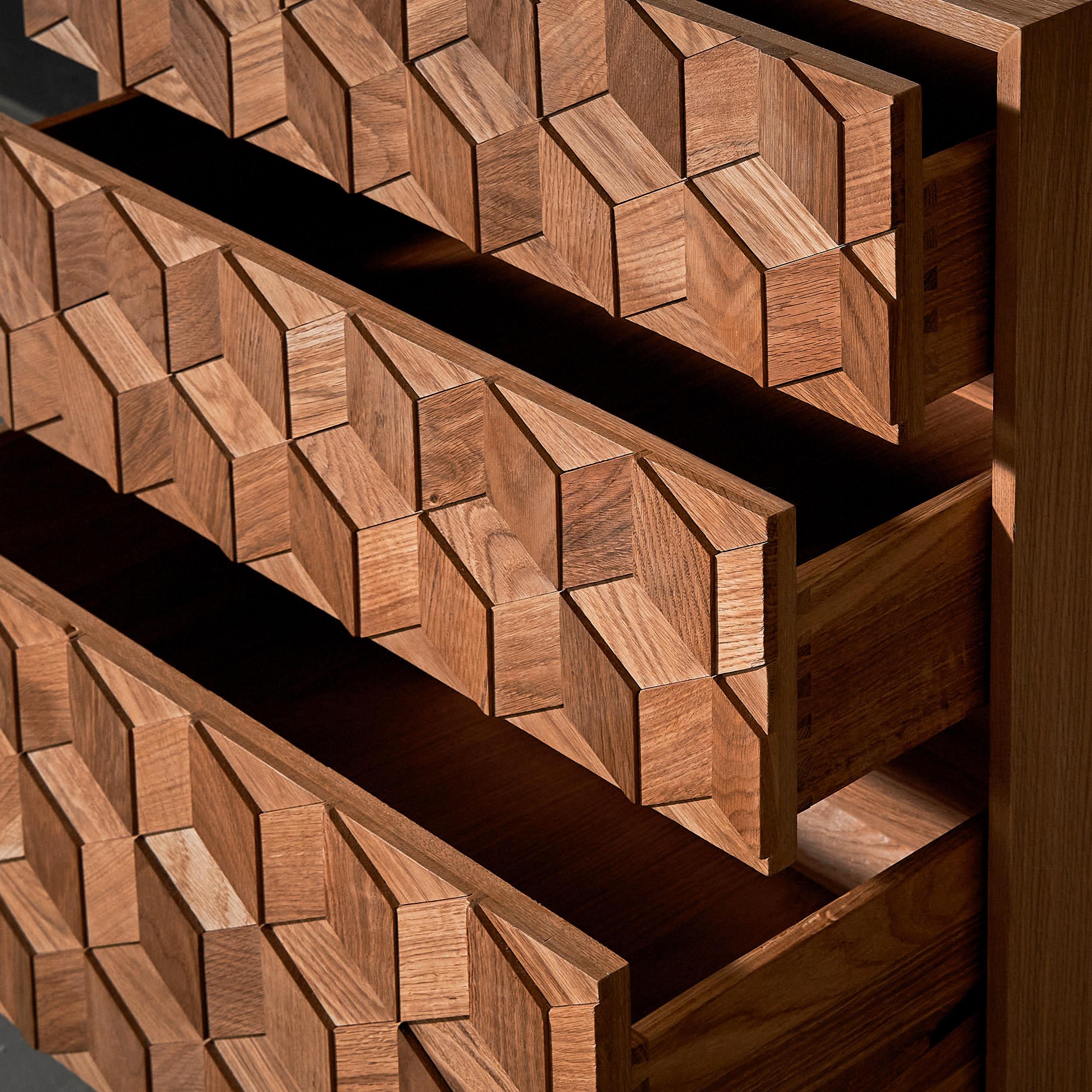 Hand-Carved Contemporary Commode in Solid Oak with Hexagon Oak Mosaic + 3D Model For Sale