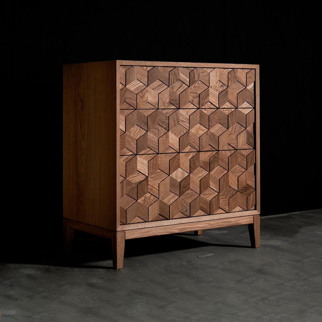 Contemporary Commode in Solid Oak with Hexagon Oak Mosaic + 3D Model In New Condition For Sale In Burlăceni, Cahul District